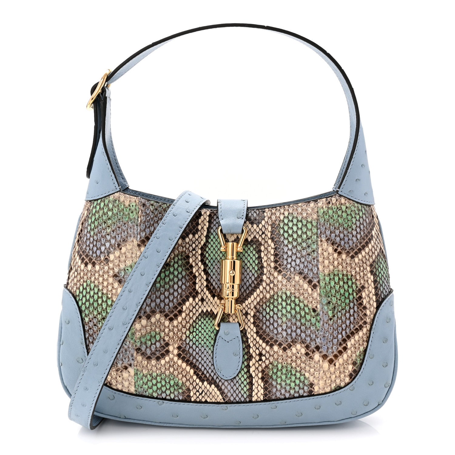Gucci Snakeskin Ostrich Calfskin Small Jackie 1961 Hobo Blue