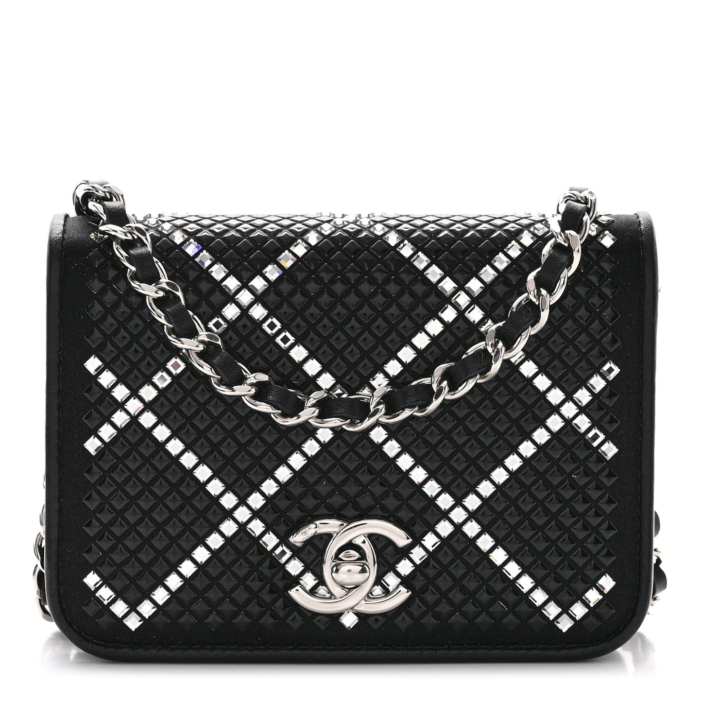 Lambskin Crystal Quilted Mini Chain Belt Bag Black