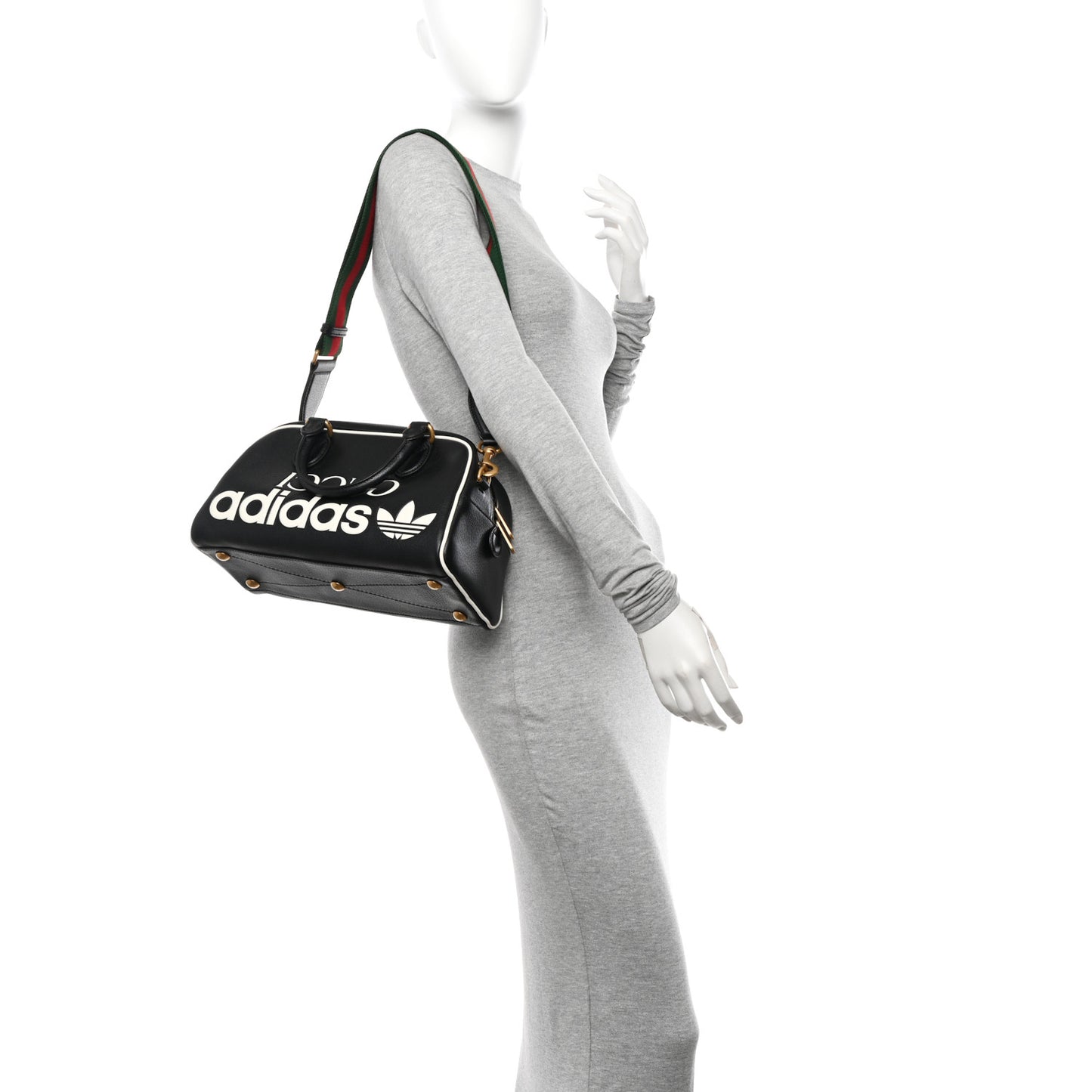 X ADIDAS Textured Dollar Calfskin Web Trefoil Logo Embossed Mini Bowling Bag Black Off White