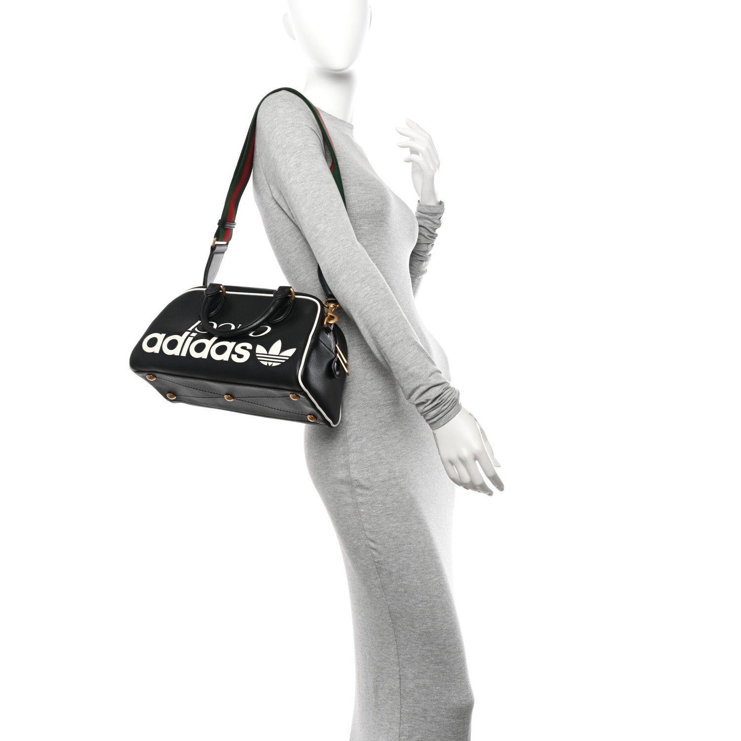 Gucci X ADIDAS Textured Dollar Calfskin Web Trefoil Logo Embossed Mini Bowling Bag Black Off White 2 of 12