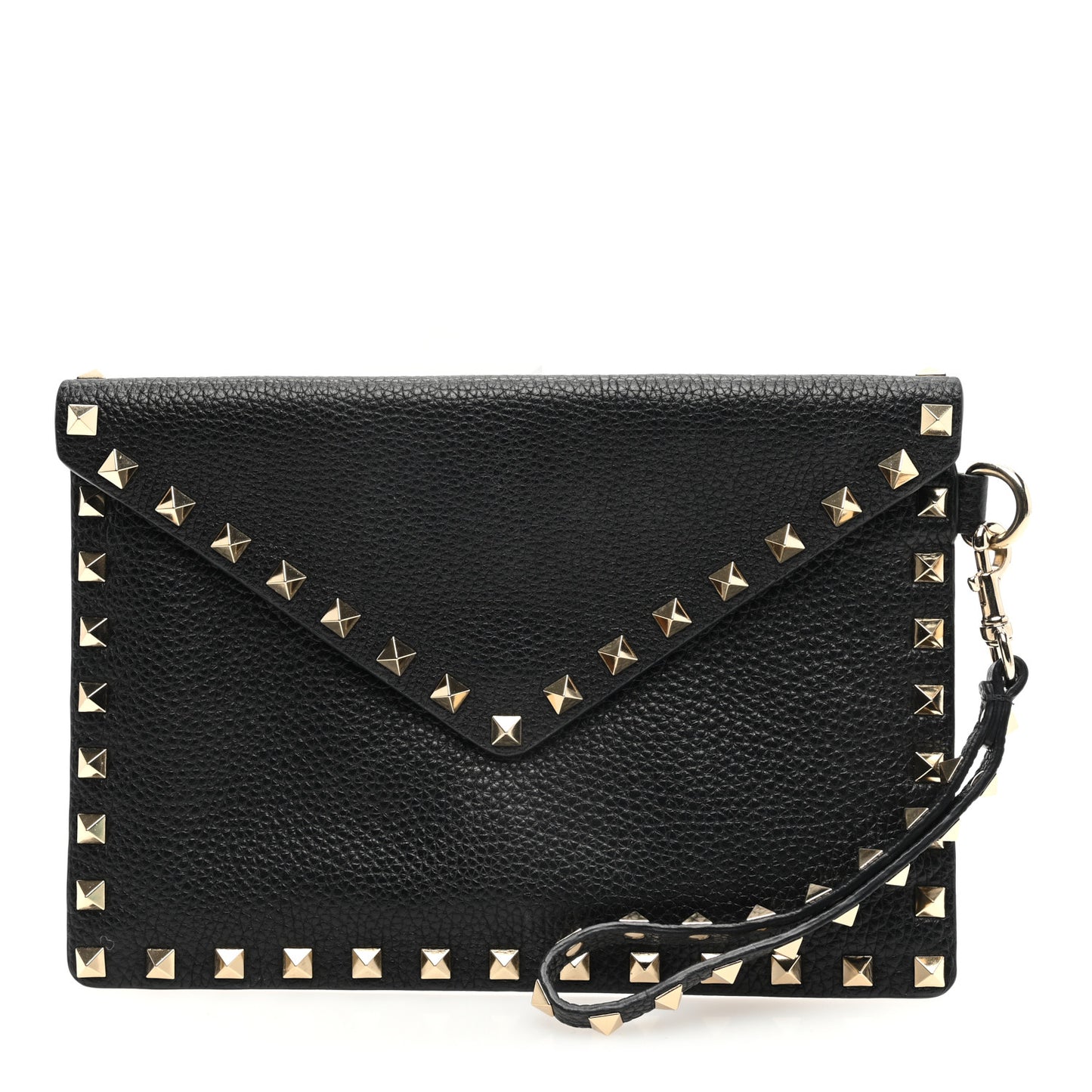 Pebbled Calfskin Medium Rockstud Envelope Flat Wristlet Pouch Black