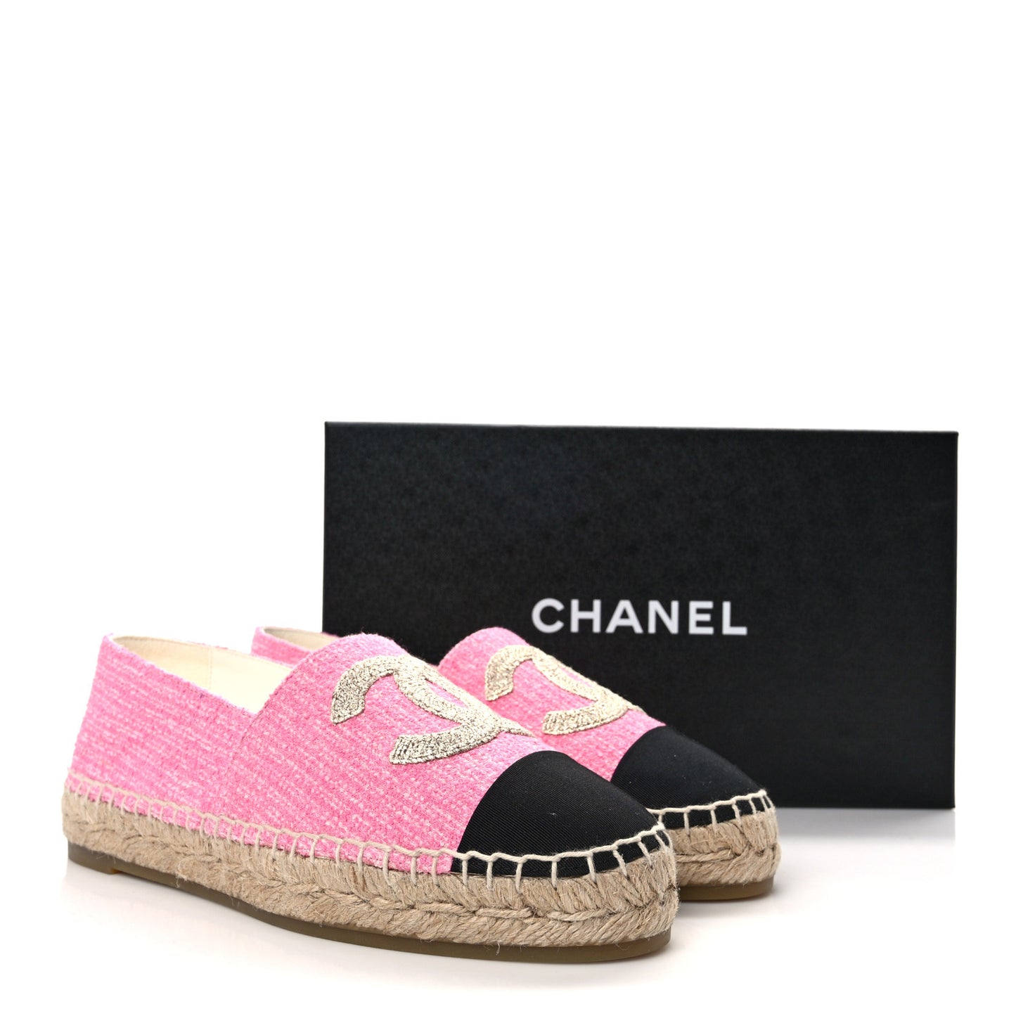 Tweed Grosgrain CC Espadrilles 36 Pink Ivory Gold Black