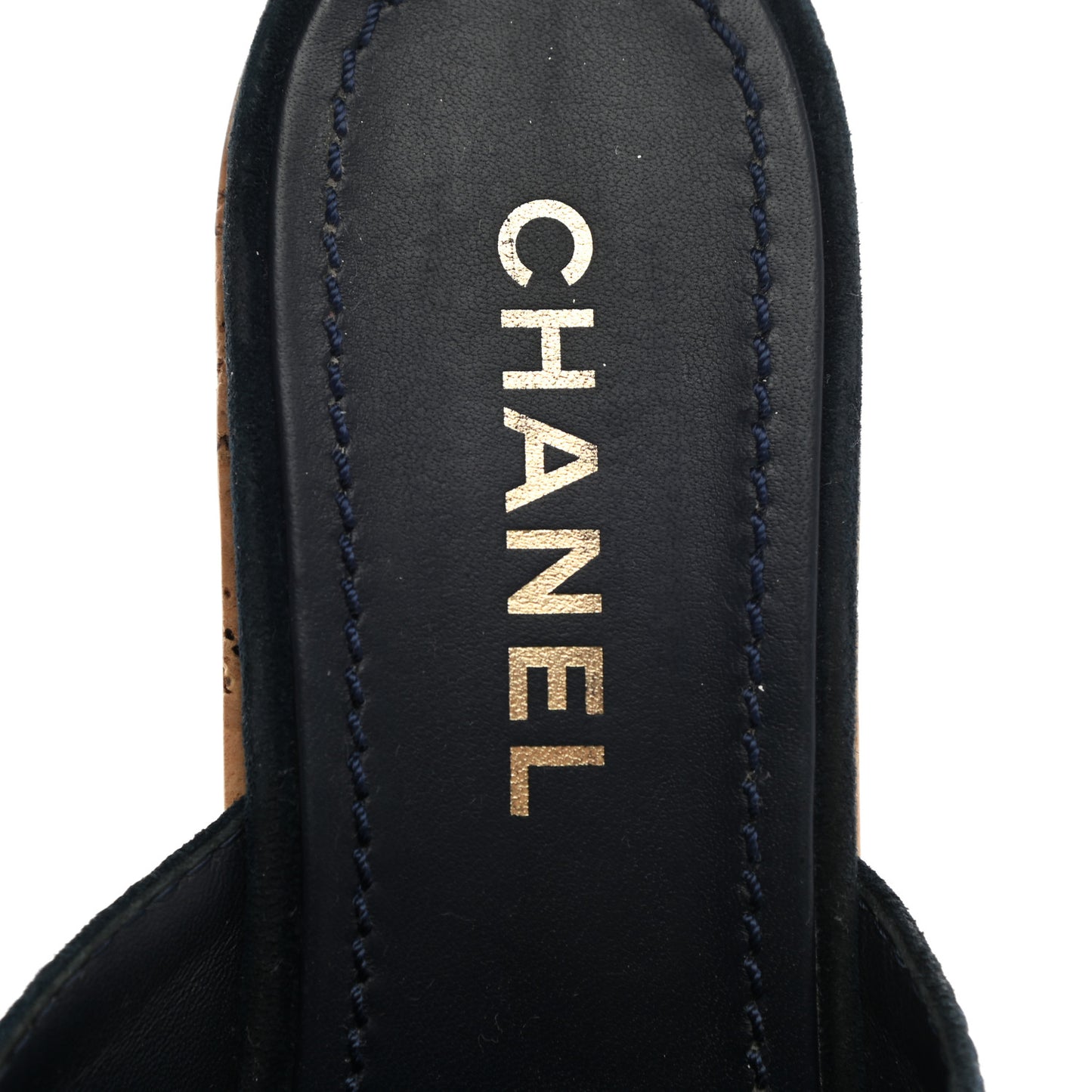 Suede Calfskin Cork CC Wedge Sandal 38.5 Navy Blue
