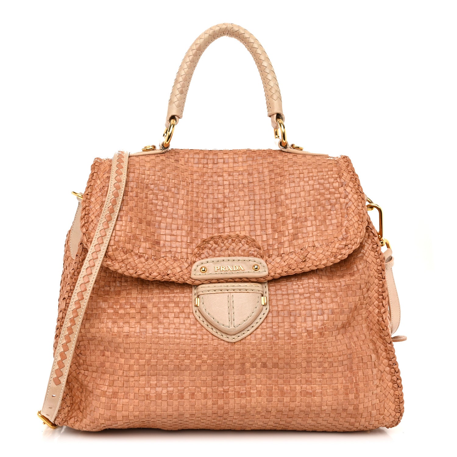Prada Madras Woven Top Handle Satchel Beige 1543737 – FASHIONPHILE