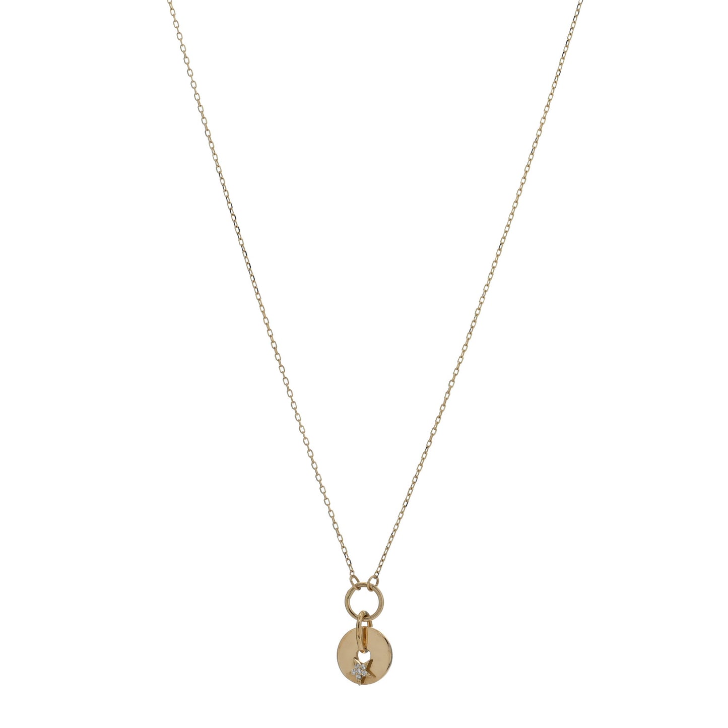 18K Yellow Gold Diamond Star Symbol Disk Drop Necklace