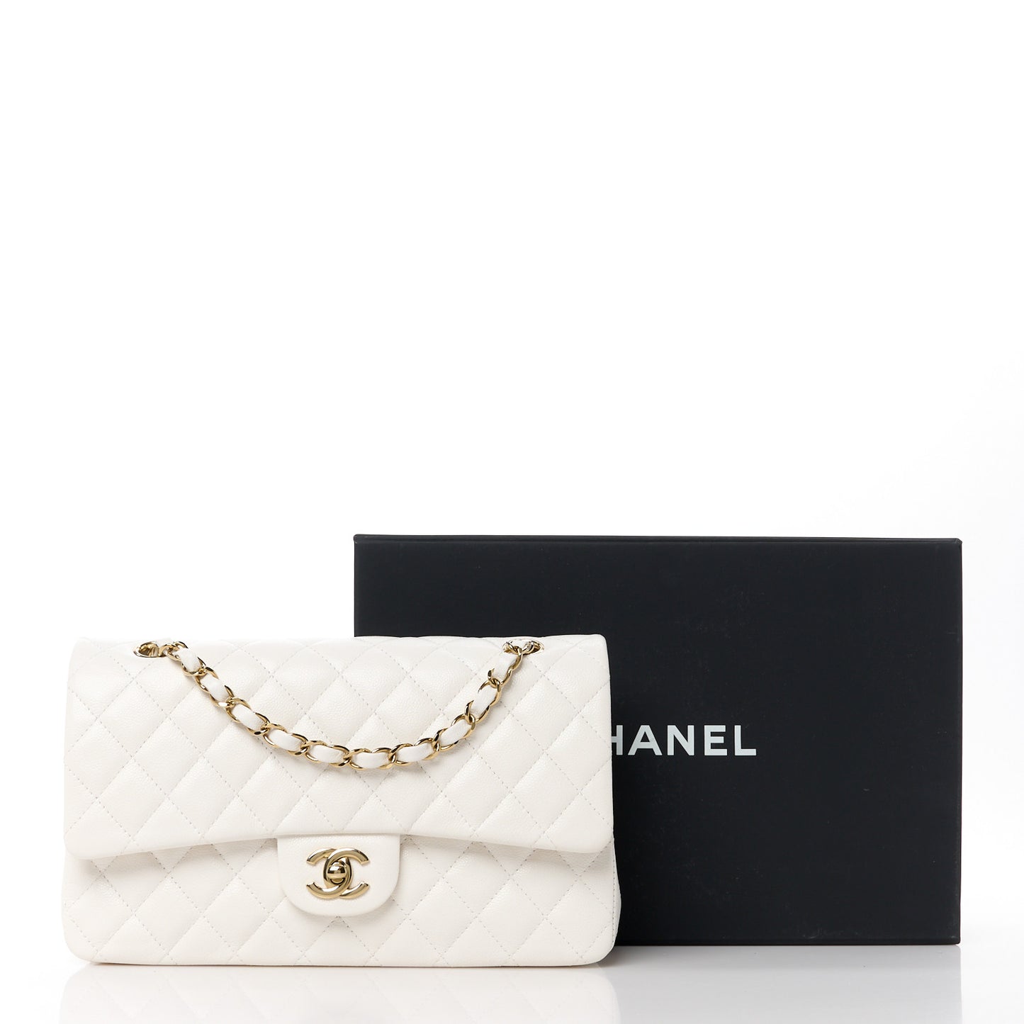 Caviar Quilted Medium Double Flap White