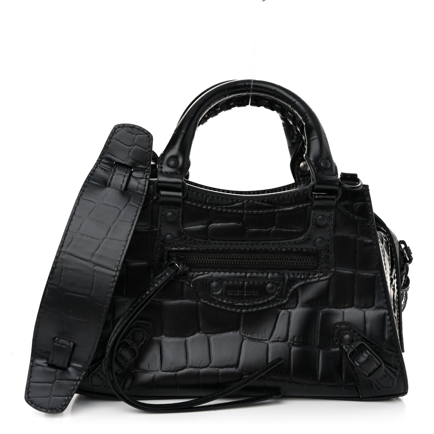 Semi Shiny Calfskin Crocodile Embossed Neo Classic Black Hardware Mini City Black