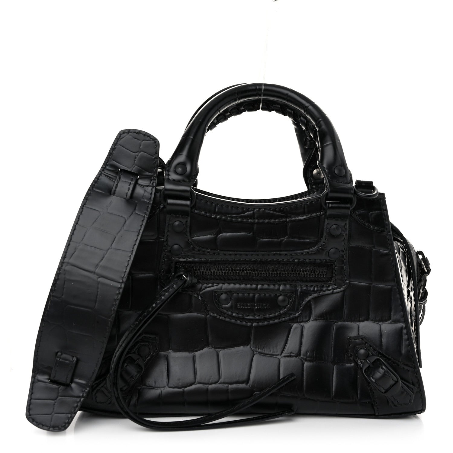 Balenciaga Semi Shiny Calfskin Crocodile Embossed Neo Classic Black Hardware Mini City Black 1 of 9