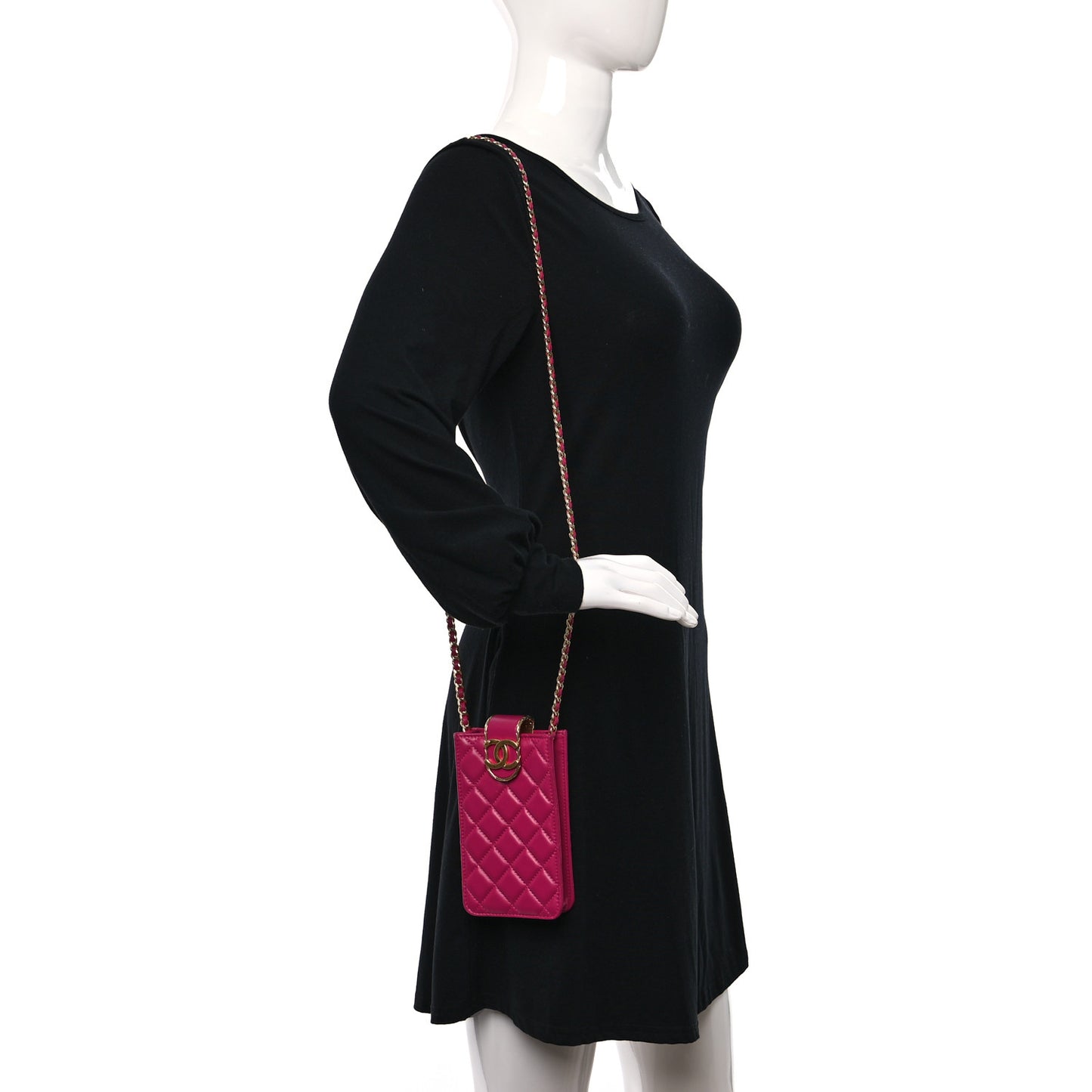 Lambskin Quilted Phone Holder With Chain Fuchsia