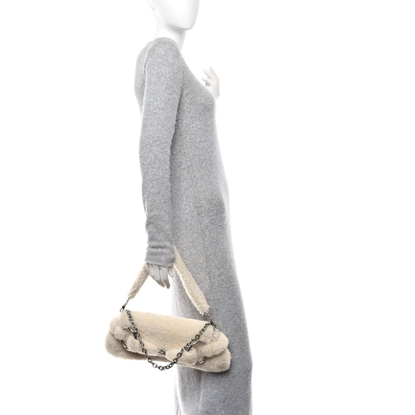 Merino Wool Medium Maxi Horsebit Chain Shoulder Bag Off White