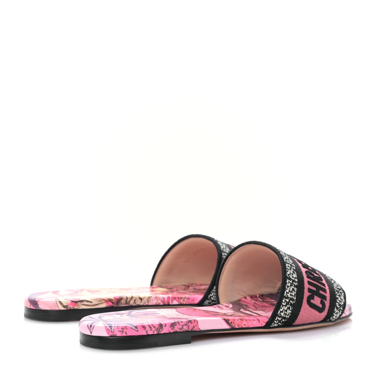 Canvas Toile de Jouy Pop Embroidered Dway Flat Slide Sandals 36 Black Pink Multicolor