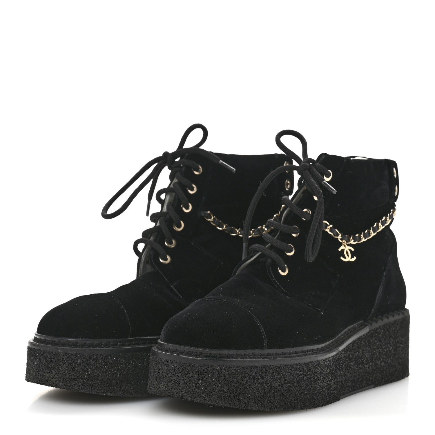Chanel Velvet Chain Lace Up CC Short Boots 41 Black 4 of 10