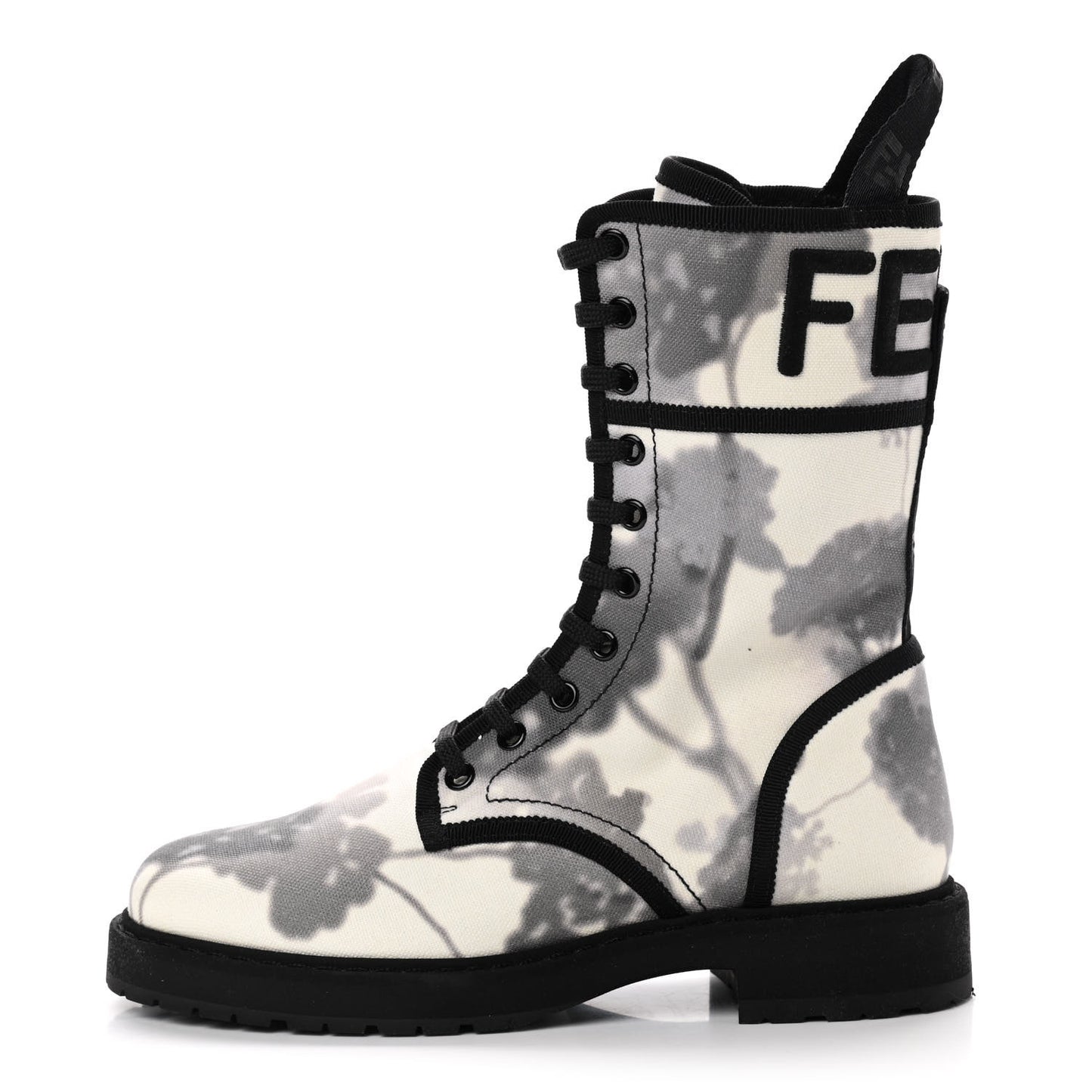 Canvas Floral Print Logo Bi-Color Womens Biker Boots 37 White Black