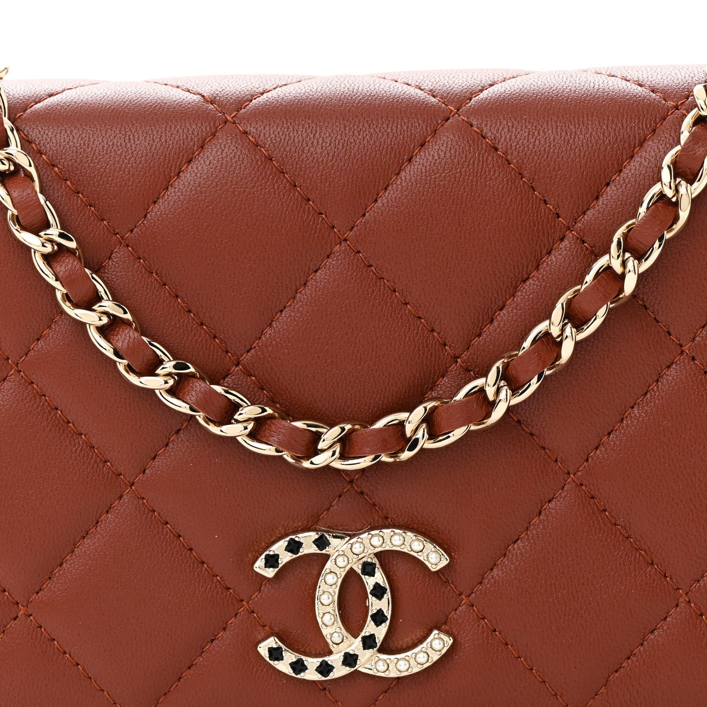 Lambskin Quilted Crystal Pearl CC Wallet On Chain WOC Brown