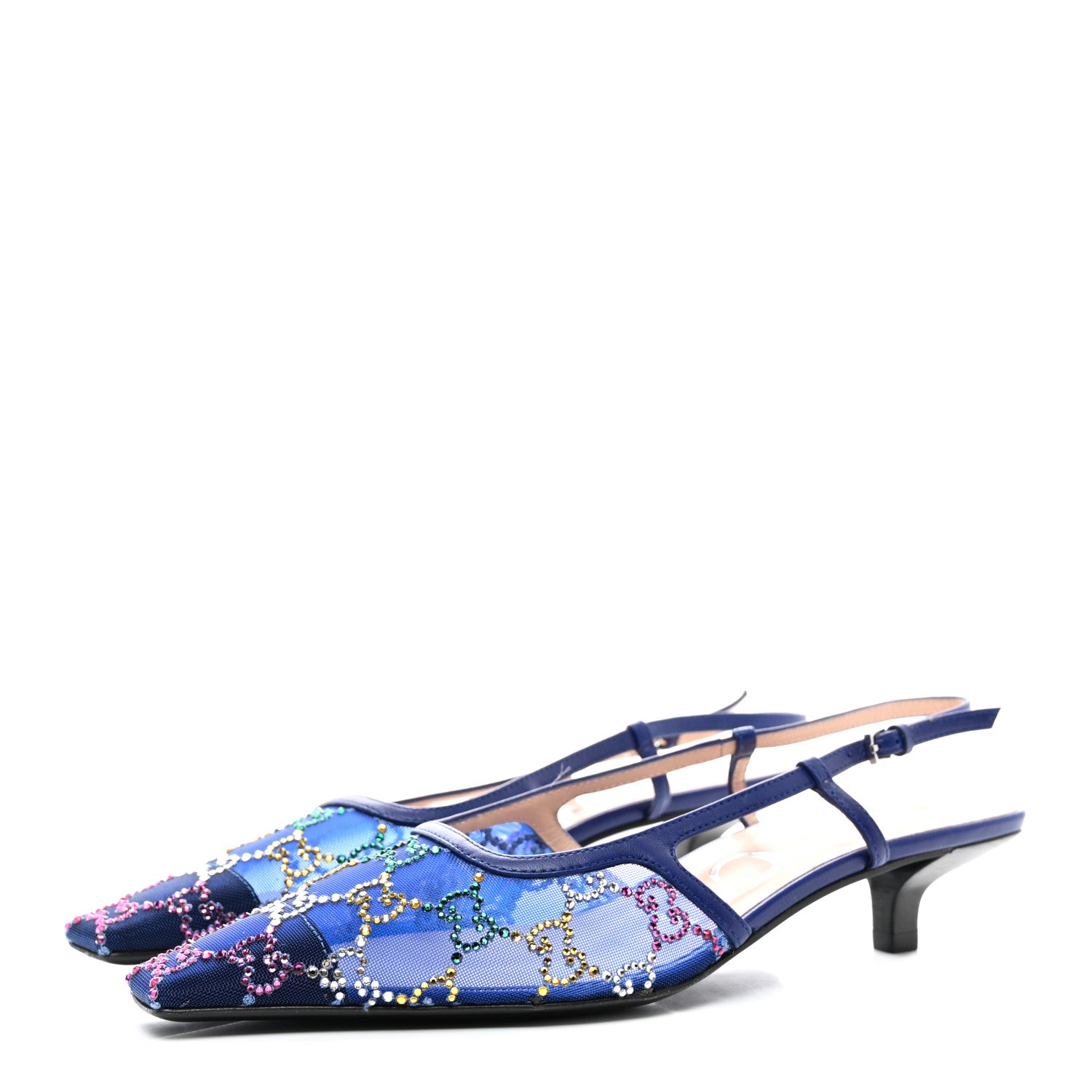 Gucci Tela Retino Nappa Charlotte Crystal GG Monogram Square G 35mm Slingback Pumps 37.5 Splash Net Blue Witch 3 of 8