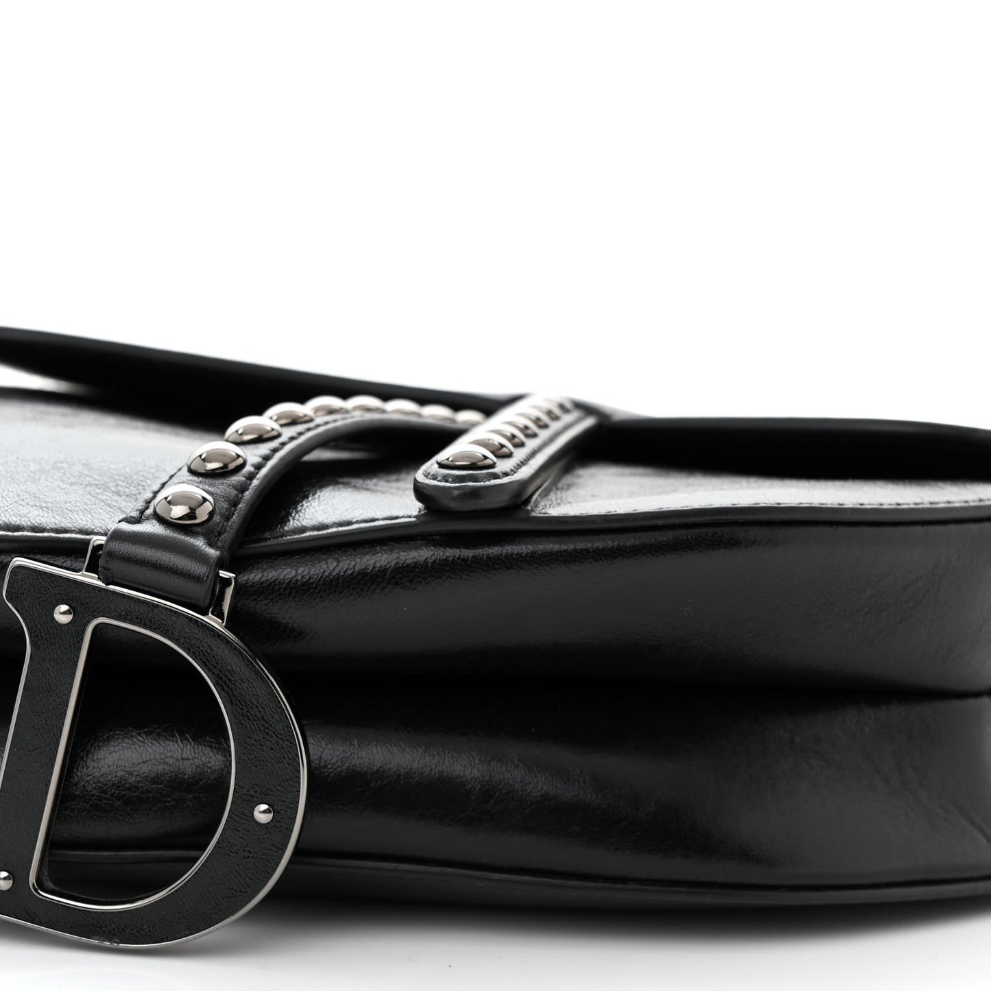 Crinkled Patent Lambskin Studded Saddle Bag With Strap Black