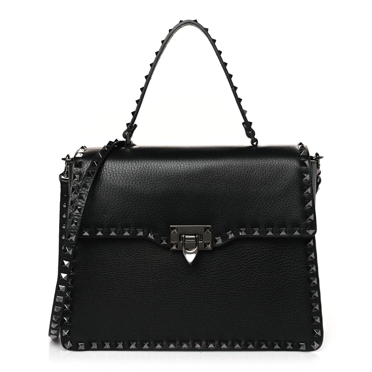 Grained Calfskin Rockstud Top Handle Flap Shoulder Bag Black