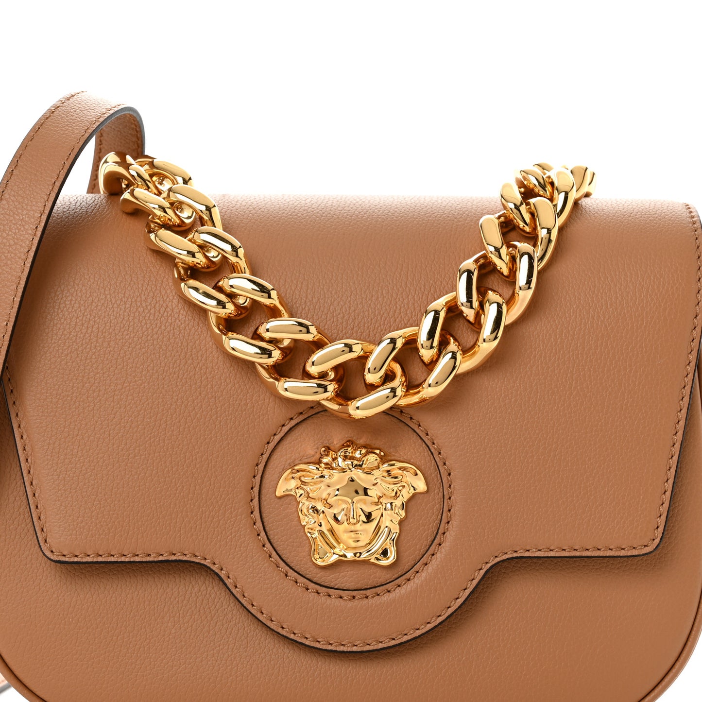 Grained Calfskin La Medusa Chain Clutch Bag Brown