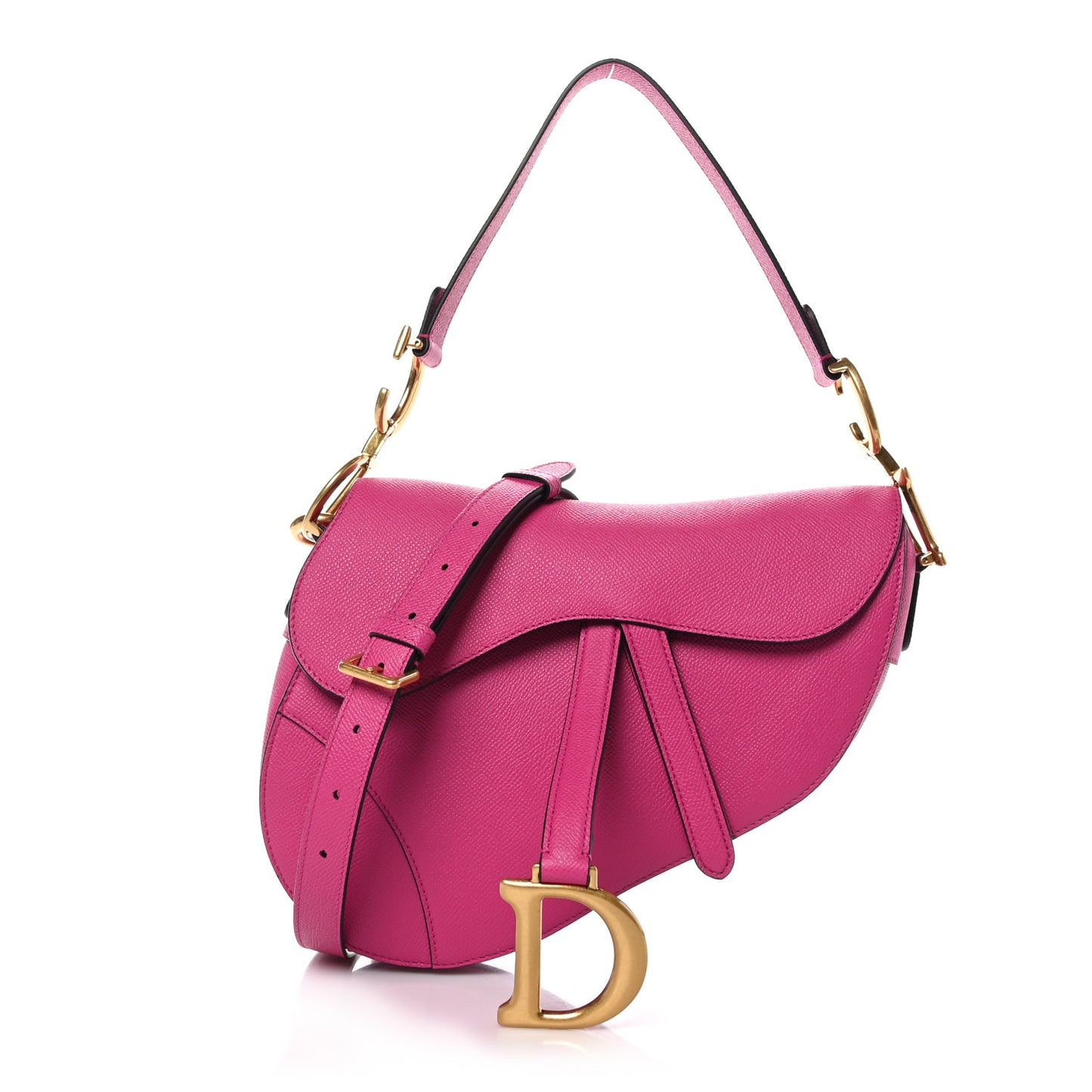 Grained Calfskin Saddle Bag With Strap Fuchsia