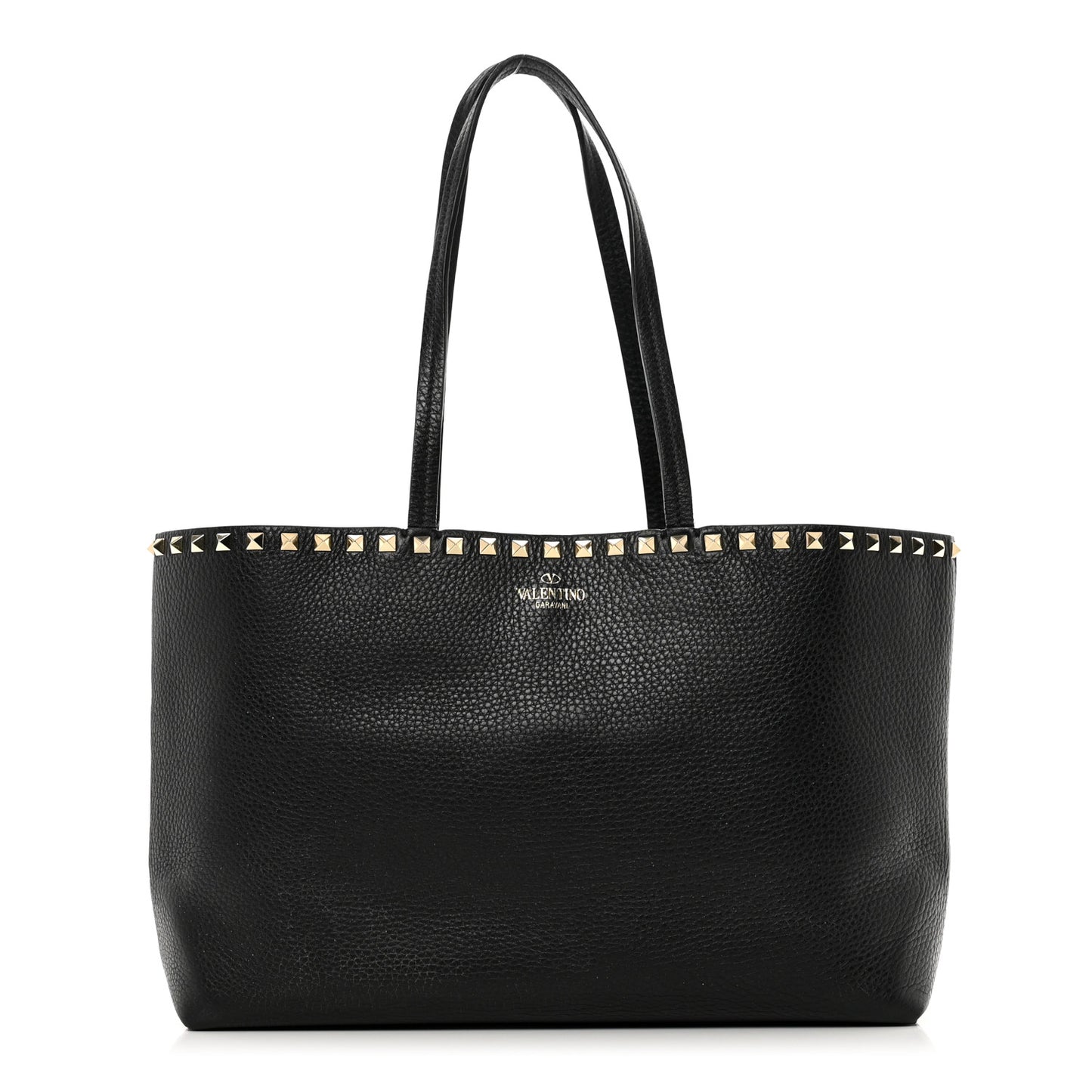 Grained Calfskin Small Rockstud Shoulder Tote Black