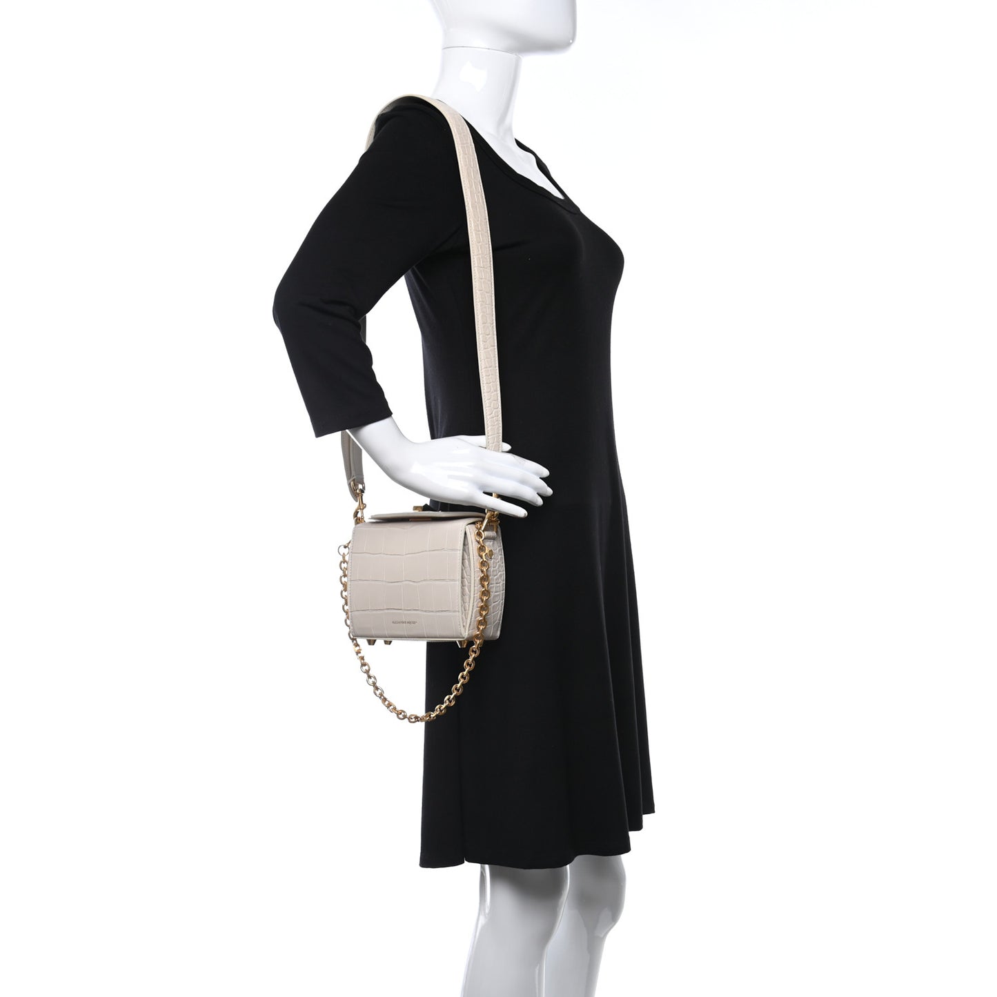 Calfskin Crocodile Embossed Box Shoulder Bag 16 Cream