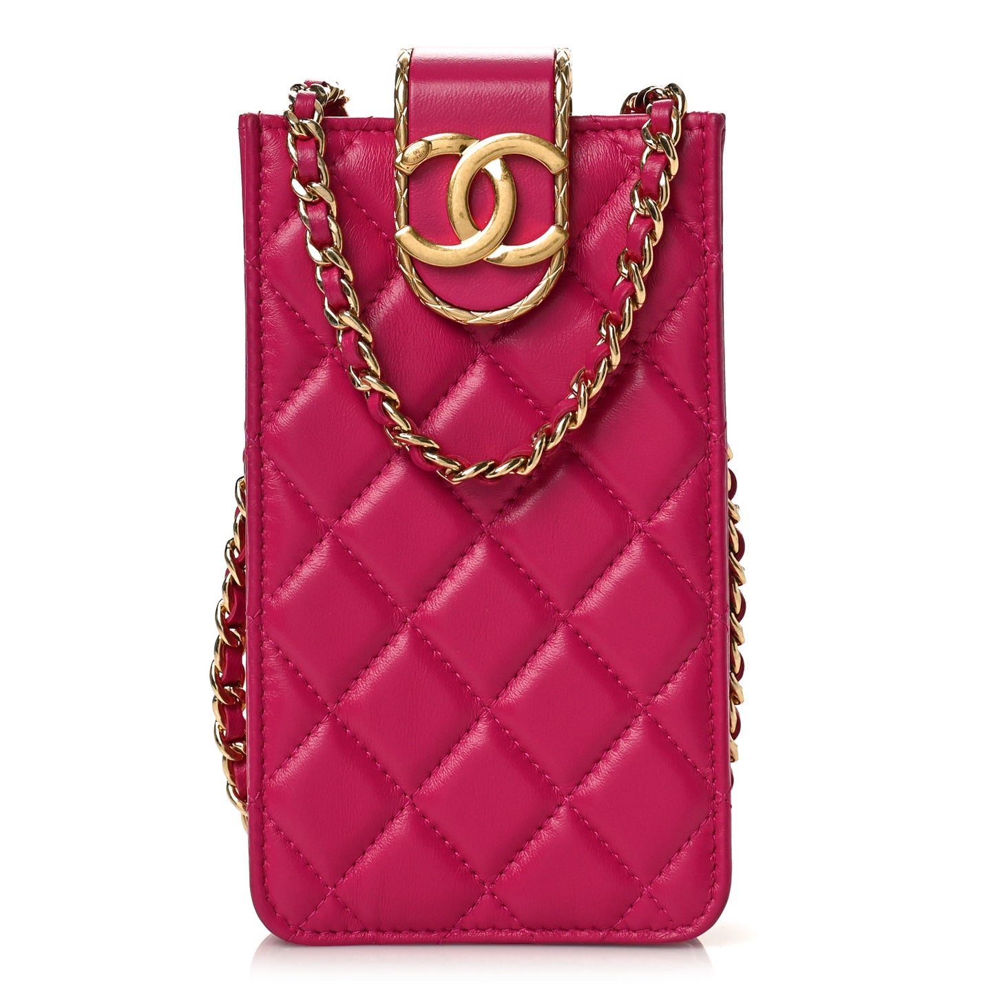 Lambskin Quilted Phone Holder With Chain Fuchsia