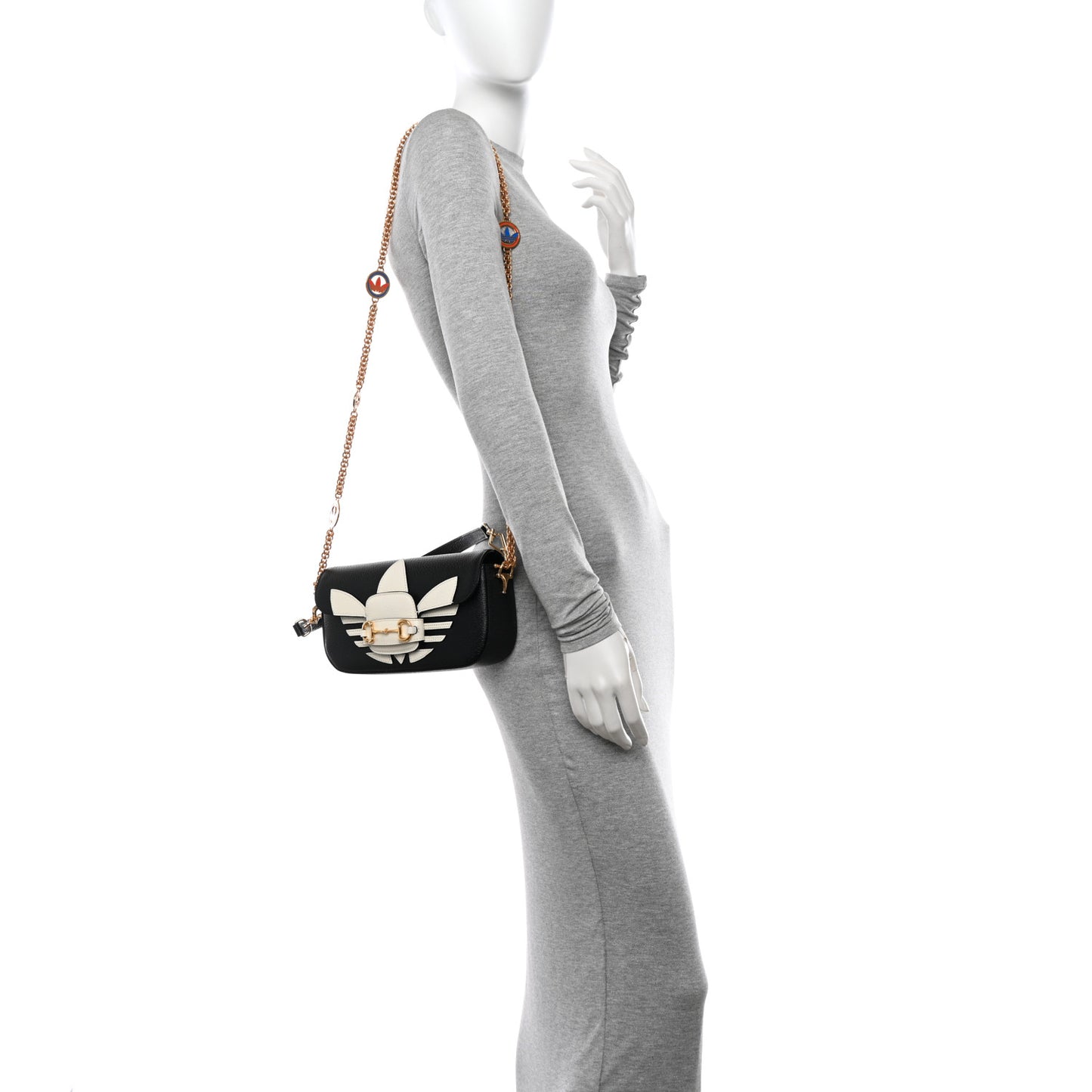 X ADIDAS Textured Dollar Calfskin Web Small Trefoil Horsebit 1955 Shoulder Bag Black Off White