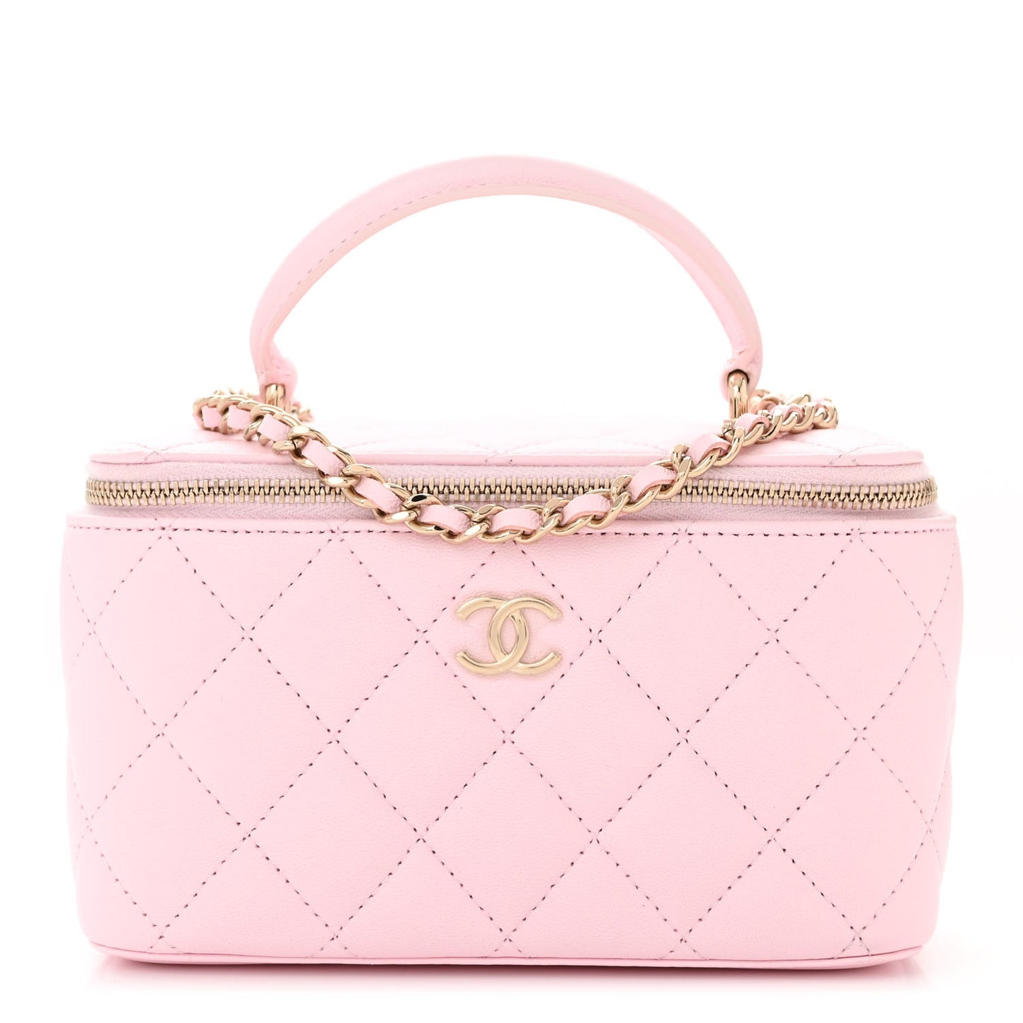 Lambskin Quilted Small Top Handle Vanity Case With Chain Light Pink Light Pink