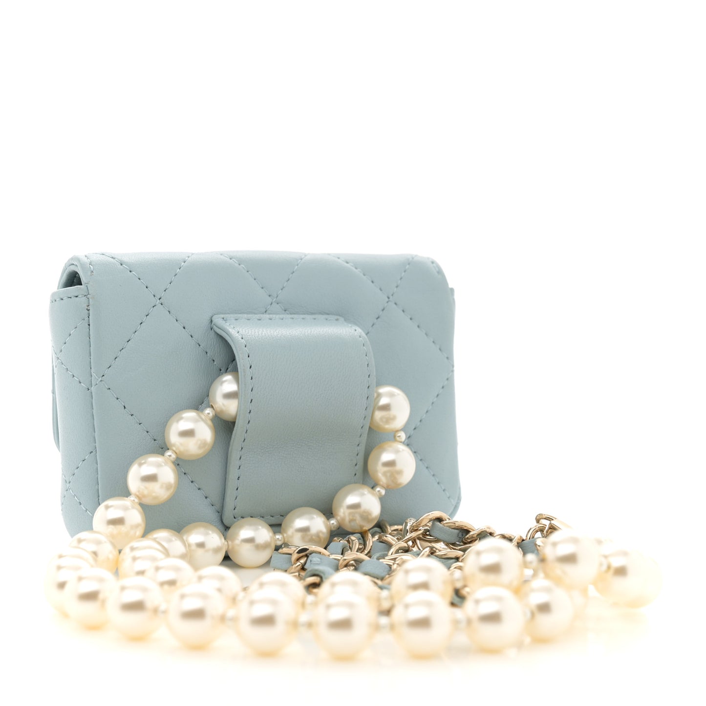 Lambskin Quilted Pearl Chain Belt Bag Light Blue