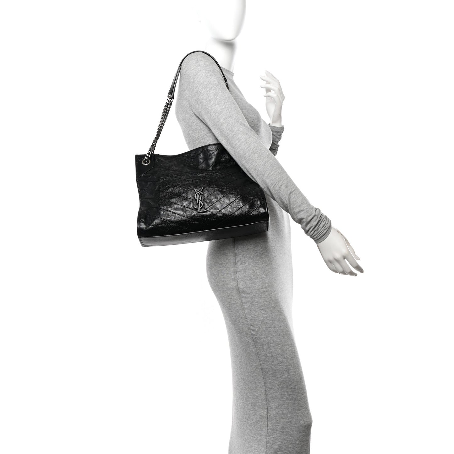 Crinkled Calfskin Matelasse Monogram Medium Niki Shopper Tote Black