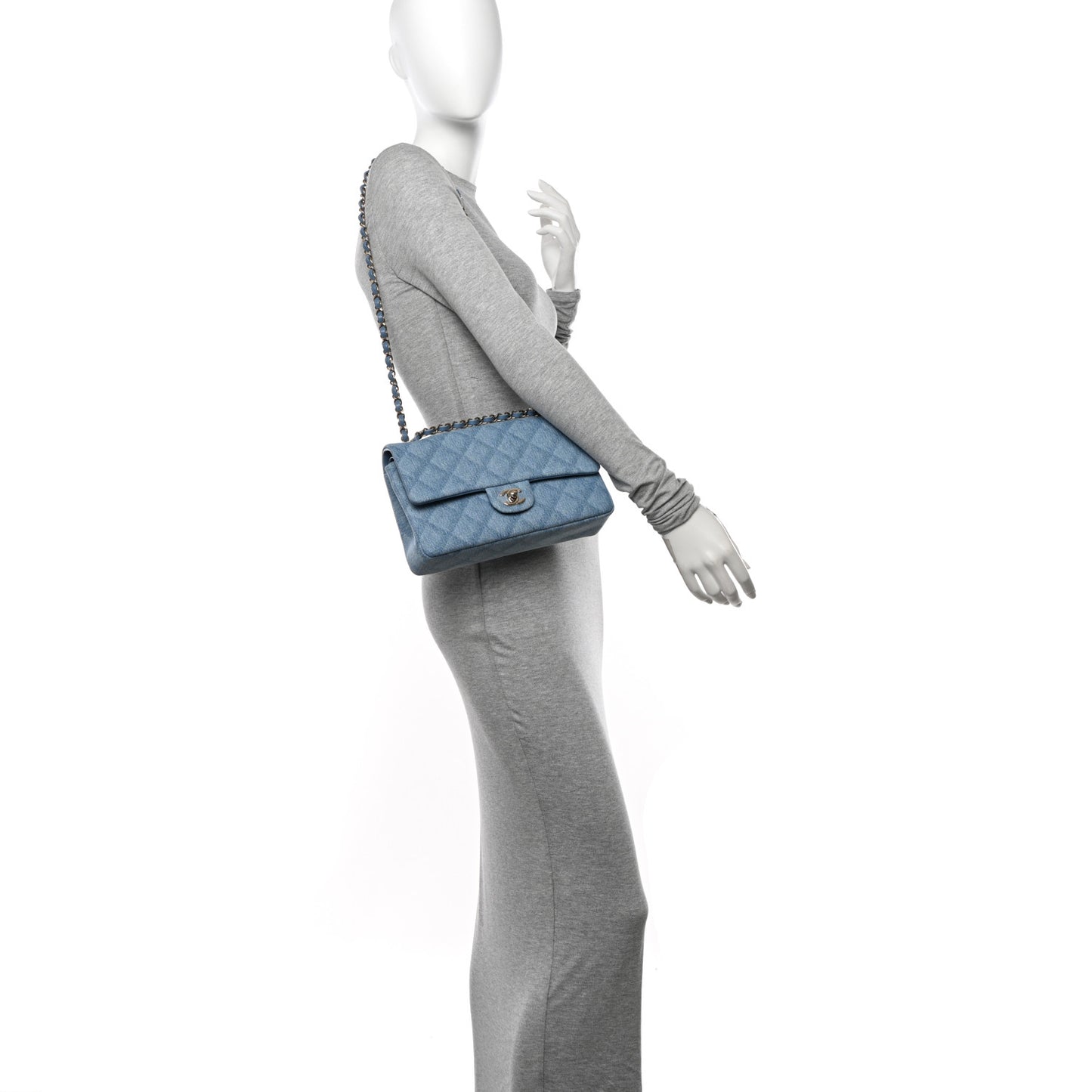 Printed Denim Quilted Medium Double Flap Light Blue