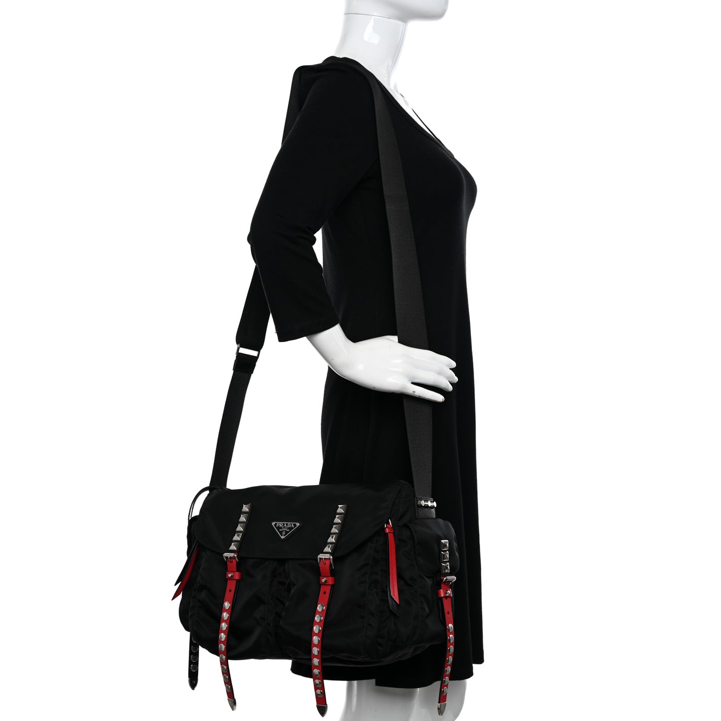 Nylon New Vela Studded Messenger Black Fuoco