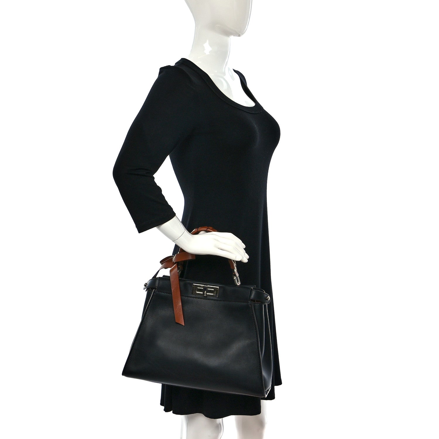 Fendi Vitello Seta Nappa Ribbon Medium Peekaboo Iconic Satchel Black Corteccia 3 of 9