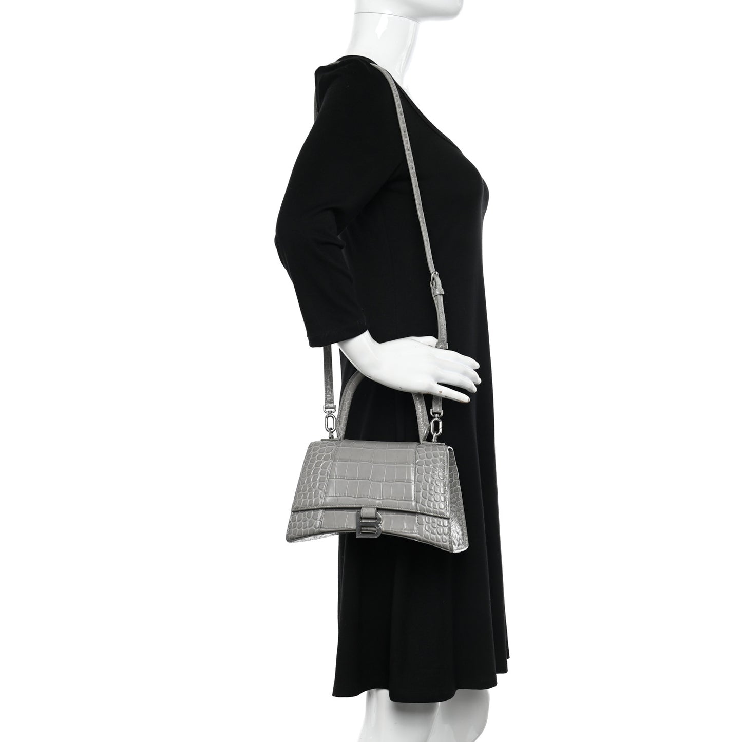 Shiny Calfskin Crocodile Embossed Small Hourglass Top Handle Bag Steel Grey