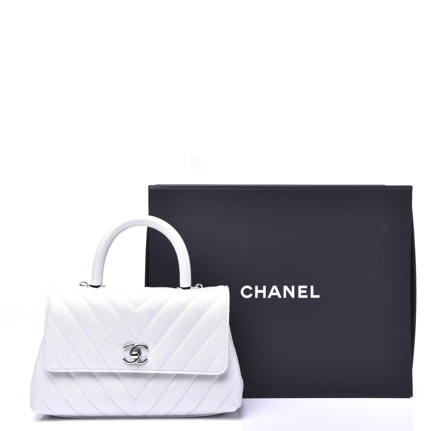 Iridescent Caviar Chevron Quilted Mini Coco Handle Flap White