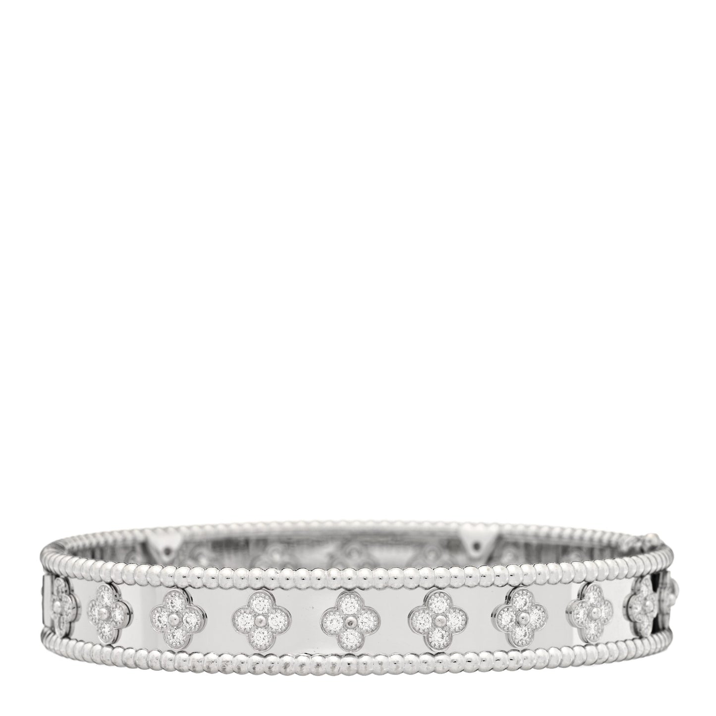 18K White Gold Diamond Perlee Clovers Bangle Bracelet L