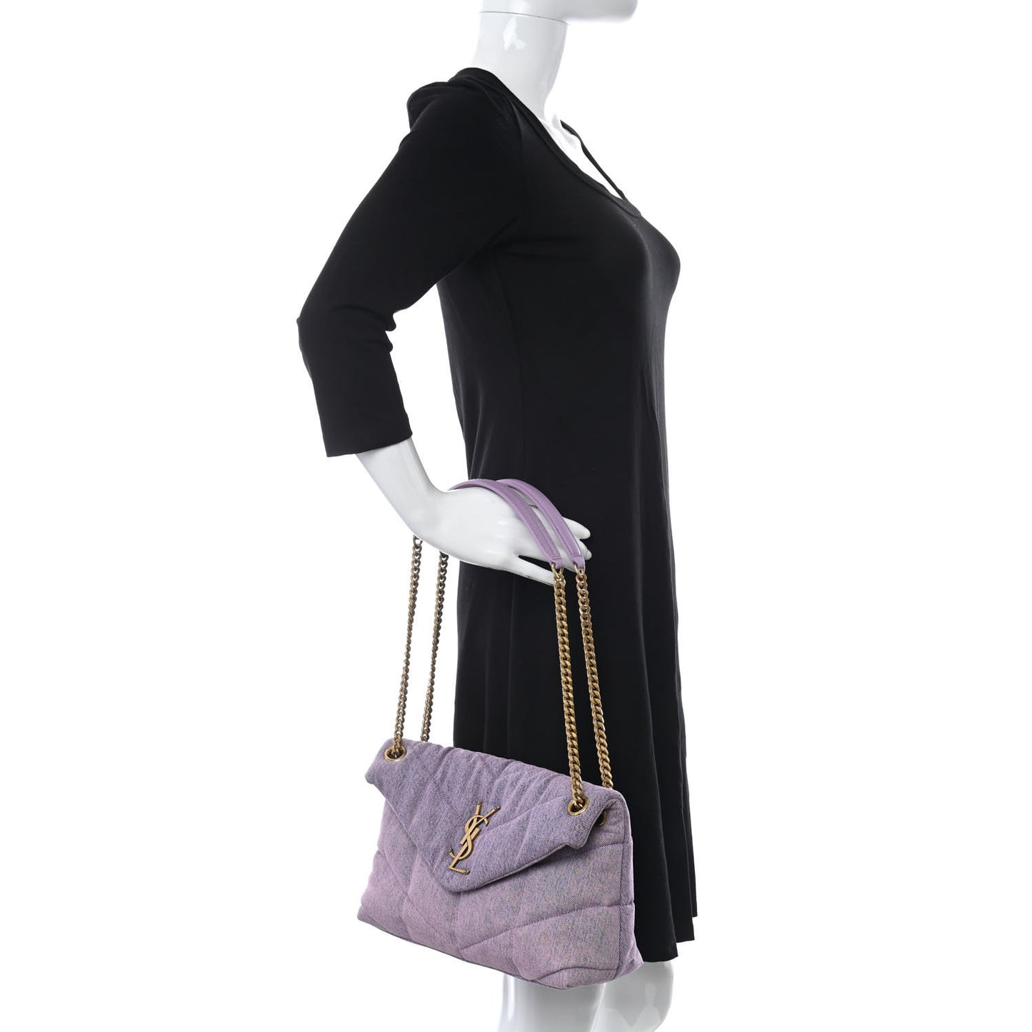 Denim Quilted Small Loulou Puffer Monogram Chain Satchel Bleached Lilac