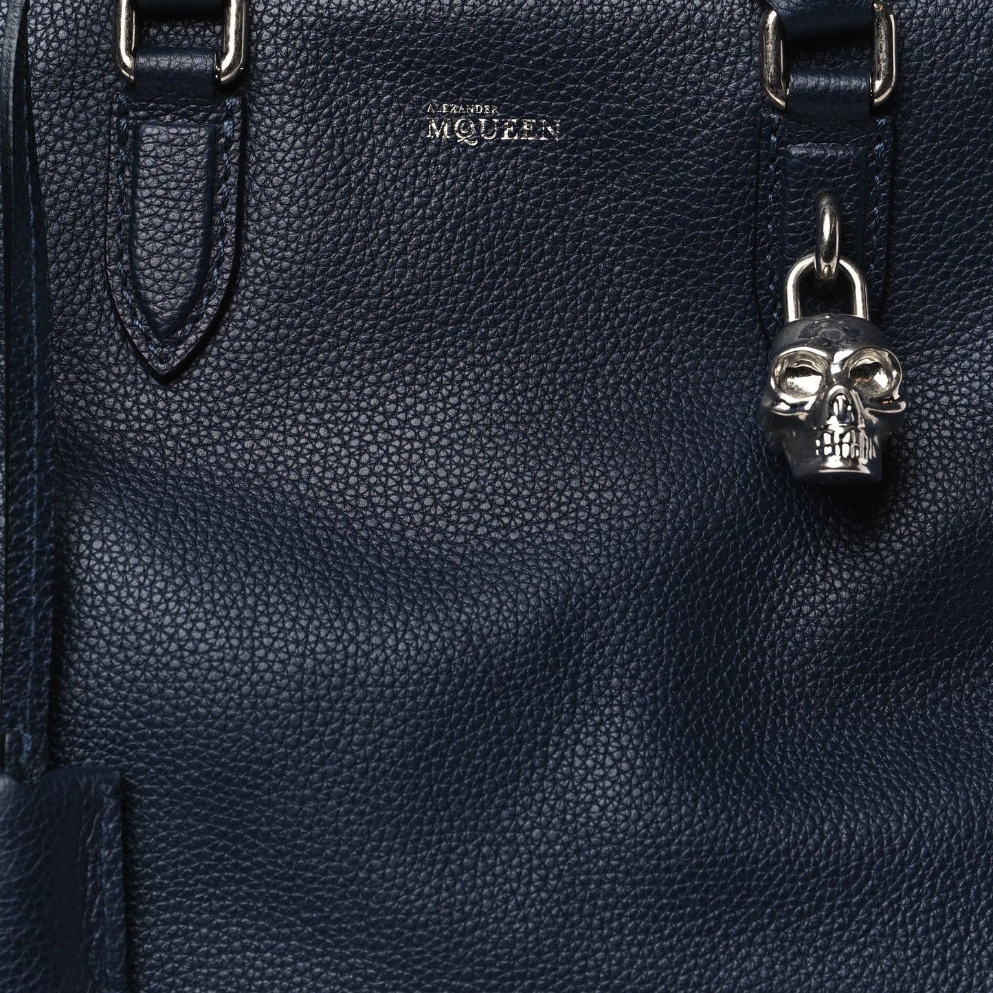 Pebbled Calfskin Small Skull Padlock Zip Around Tote Navy