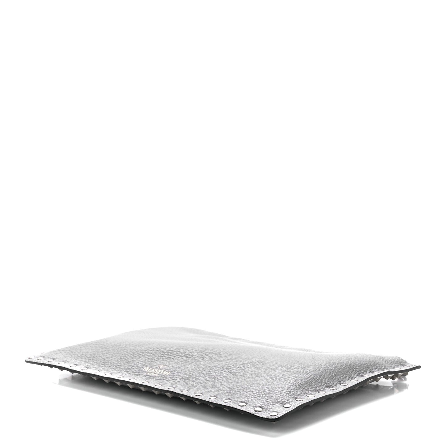 Pebbled Calfskin Large Rockstud Zip Pouch Pastel Grey