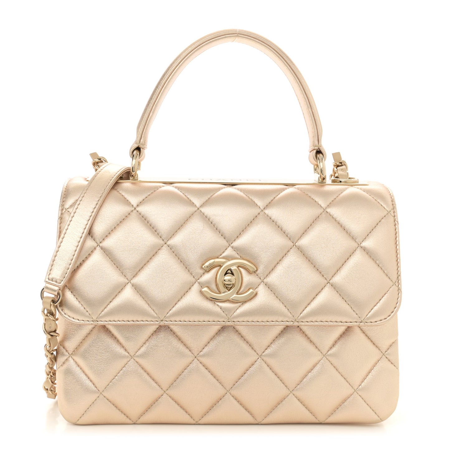Metallic Lambskin Quilted Small Trendy CC Flap Dual Handle Bag Gold