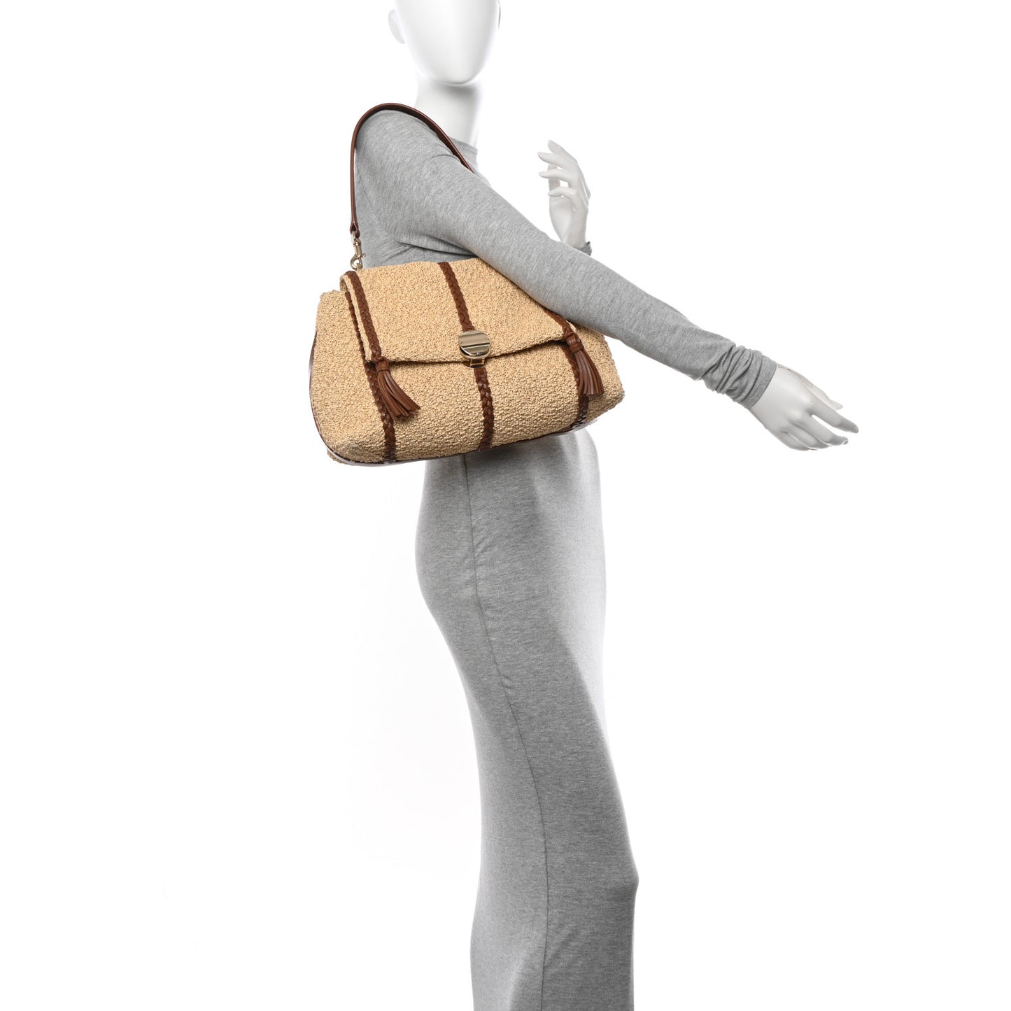 Raffia Calfskin Medium Penelope Shoulder Bag Tan