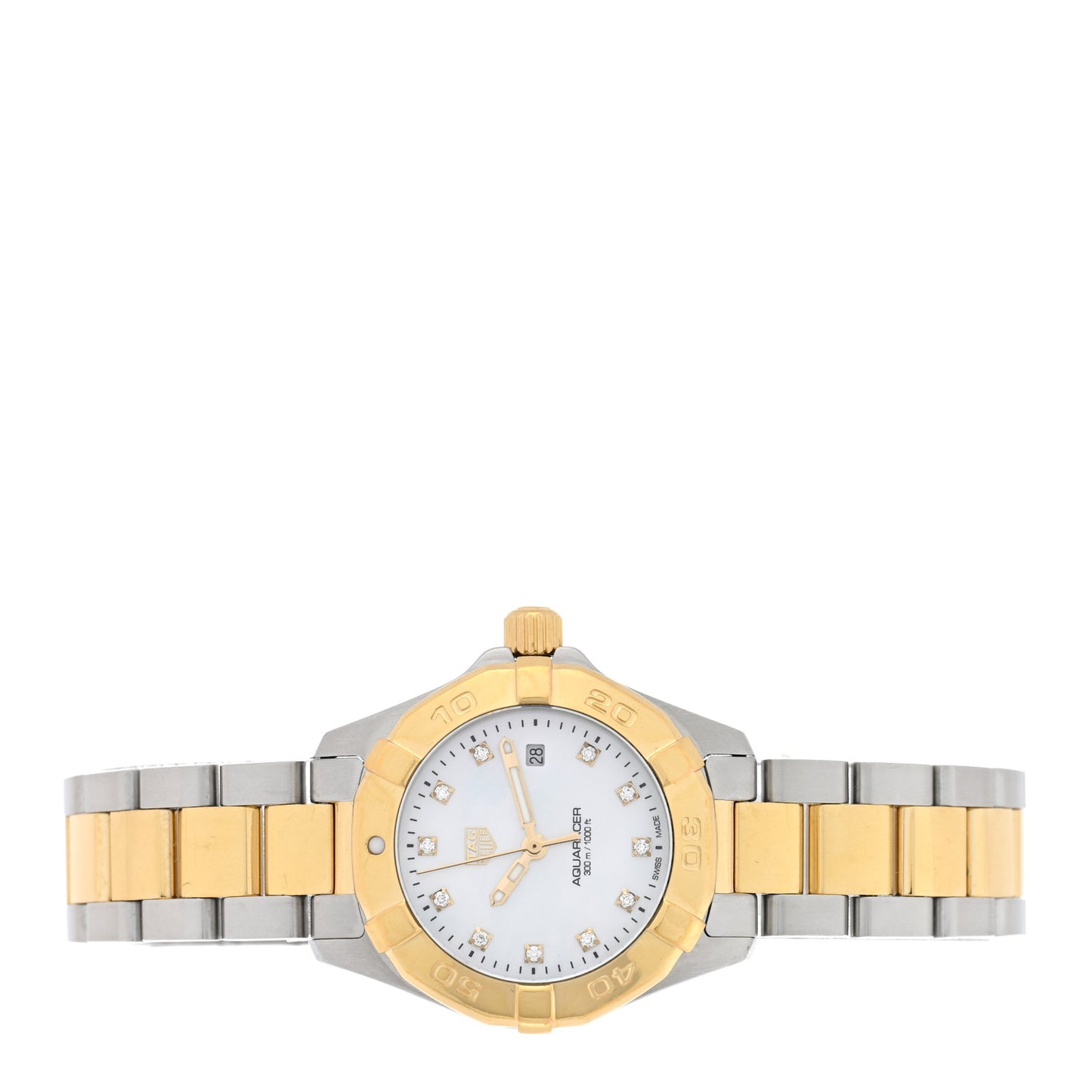Stainless Steel 18K Yellow Gold Diamond Mother of Pearl 27mm Aquaracer Lady Quartz Watch WBD1422