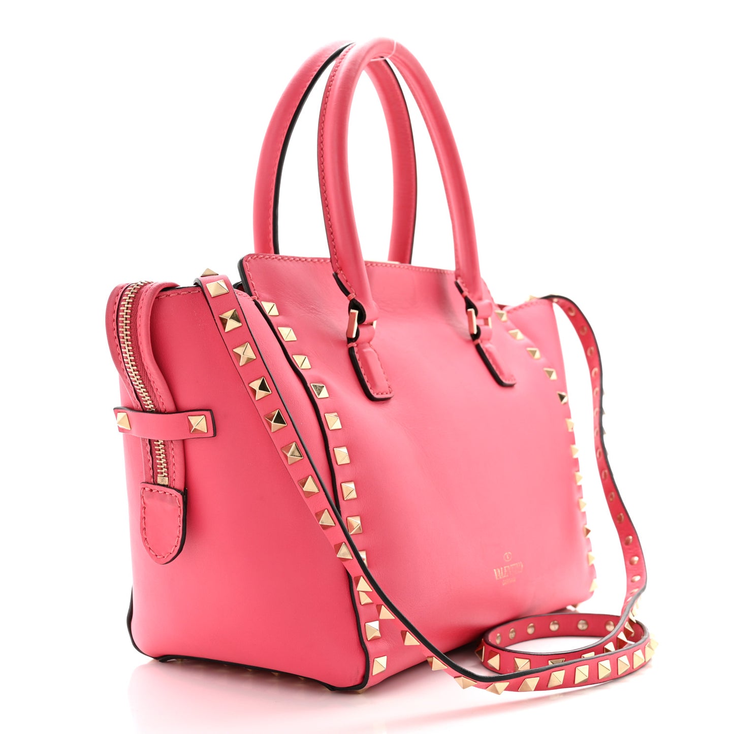 Vitello Small Rockstud Double Handle Tote Raspberry