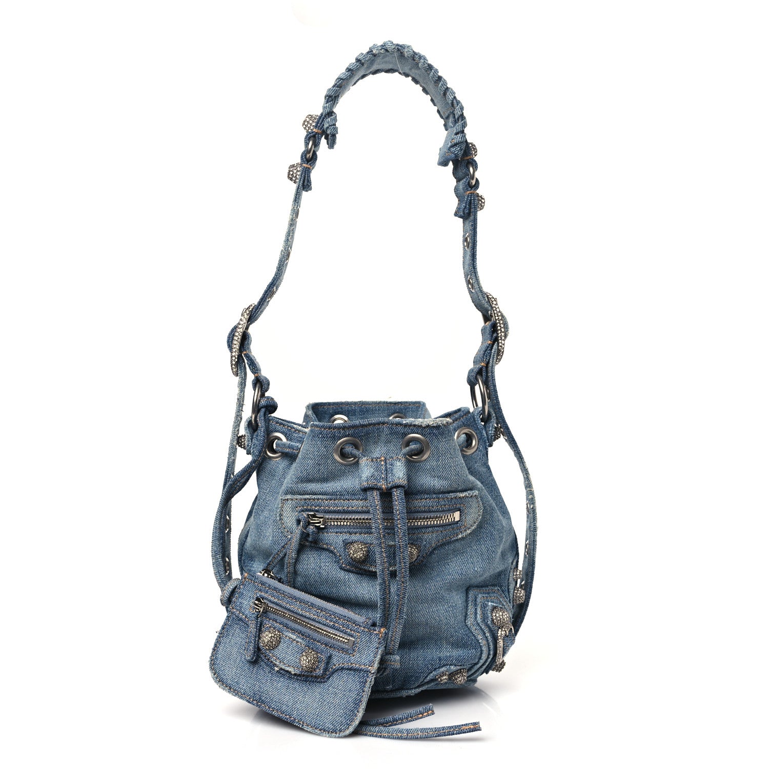 Balenciaga Washed Denim Crystal BB Monogram Le Cagole Bucket Bag