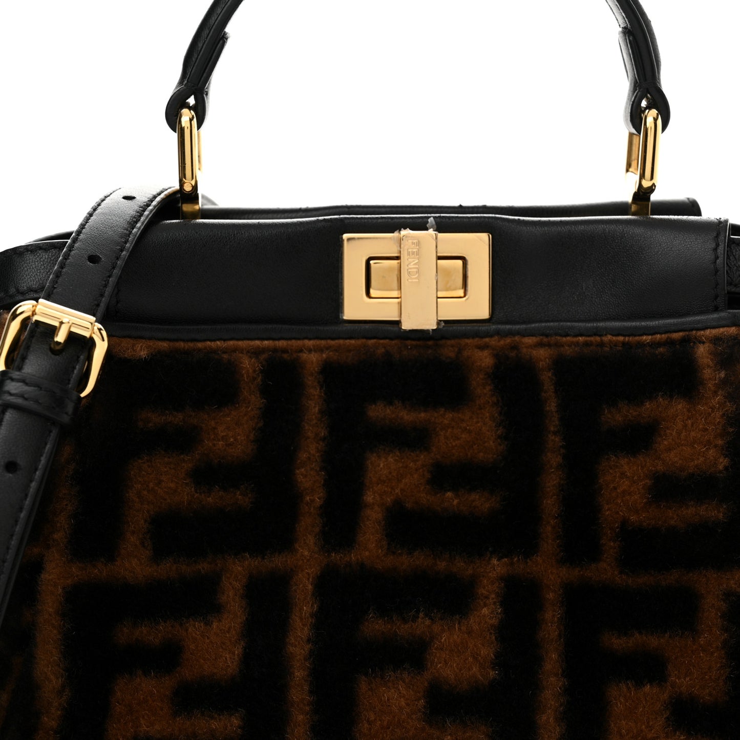 Shearling Nappa Macro FF 1974 Mini Peekaboo Iconic Satchel Tobacco Black