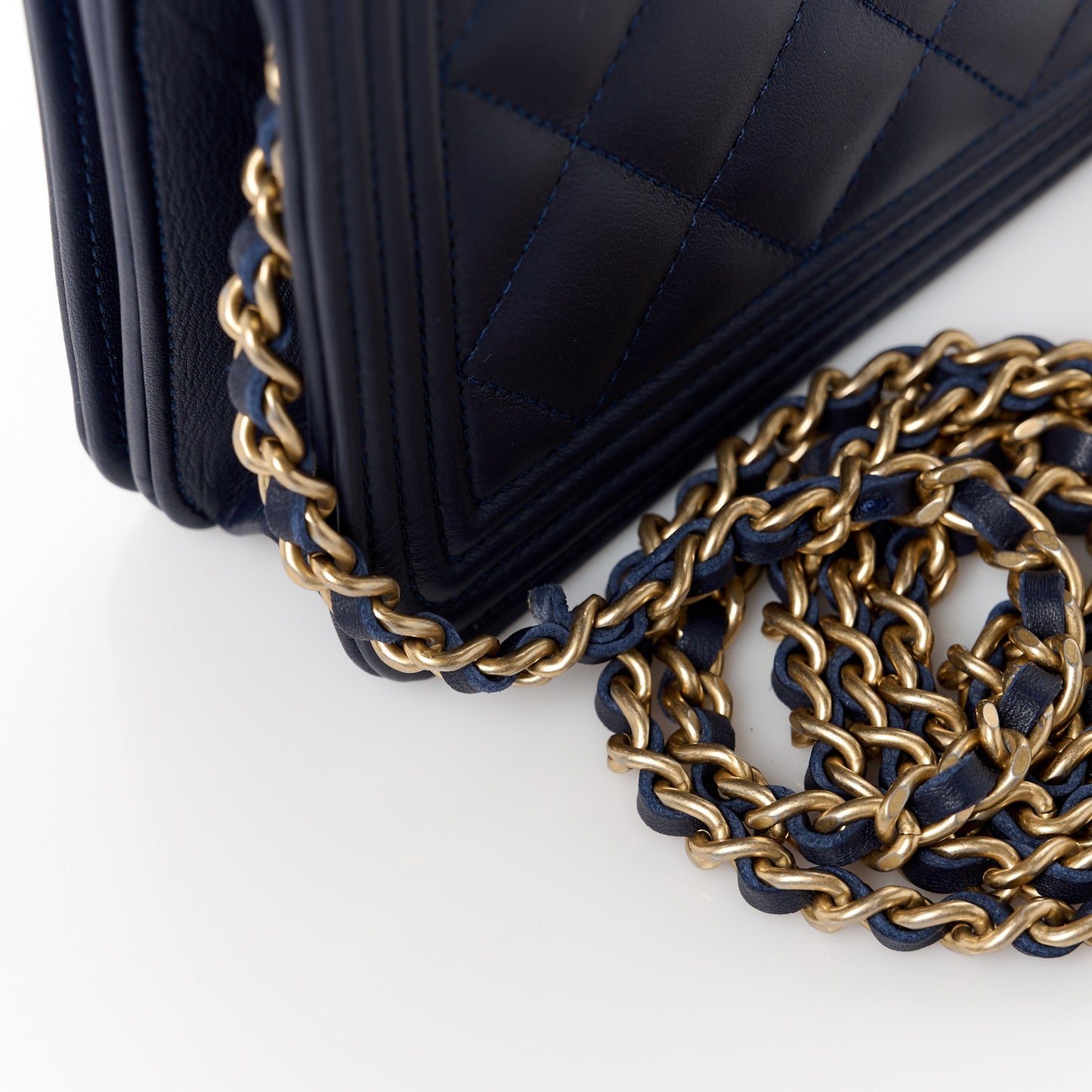 Lambskin Quilted Boy Wallet On Chain WOC Navy