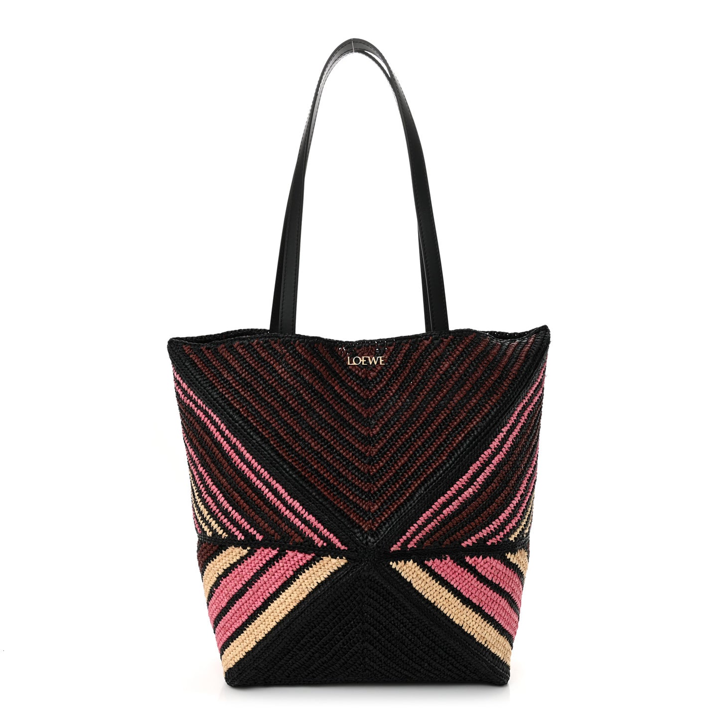Raffia Calfskin Paula's Ibiza Medium Puzzle Fold Tote Pink Burgundy