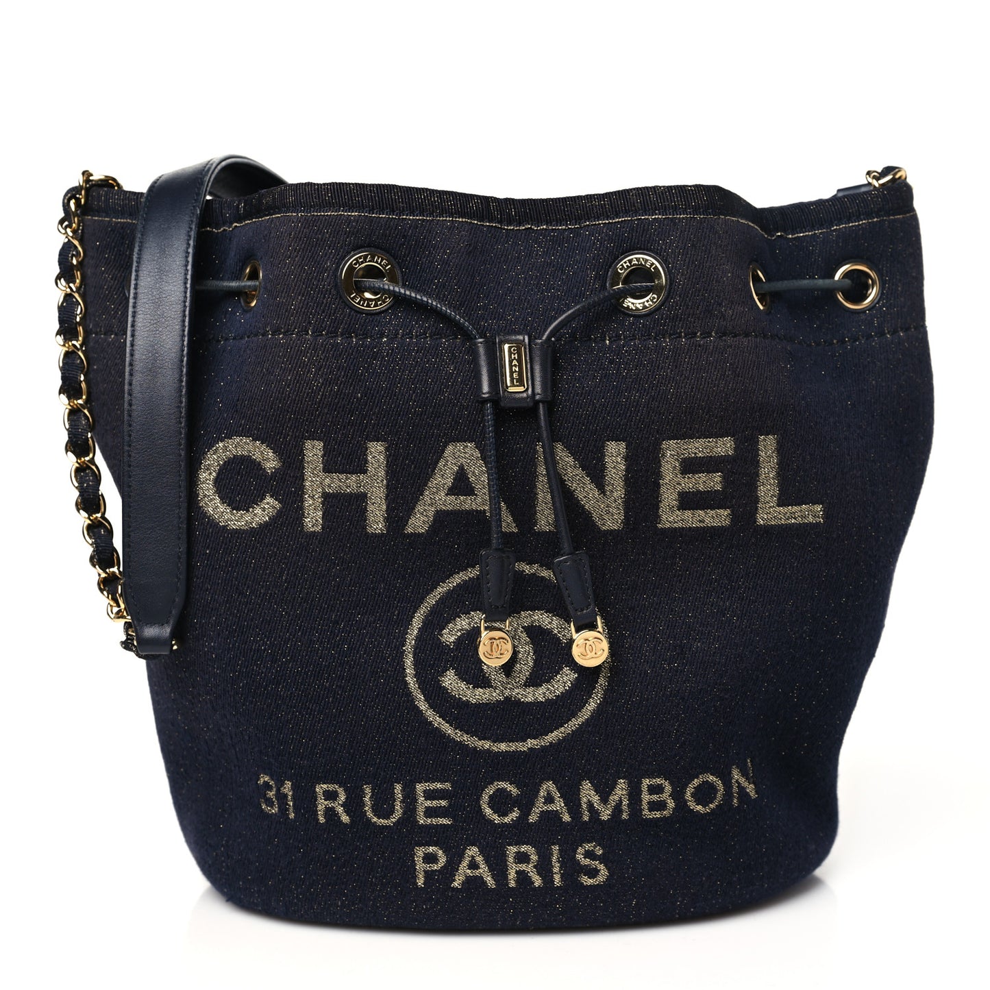 Lurex Canvas Deauville Drawstring Bucket Bag Navy Blue Gold