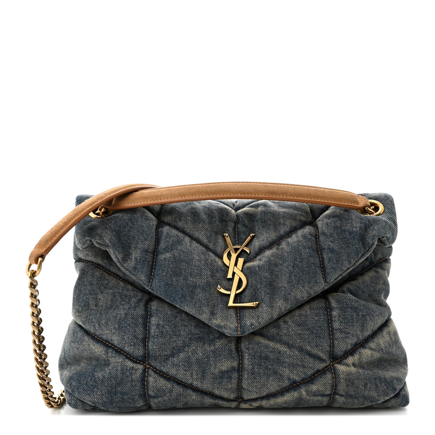 Denim Quilted Small Loulou Puffer Monogram Chain Satchel Blue Cinnamon