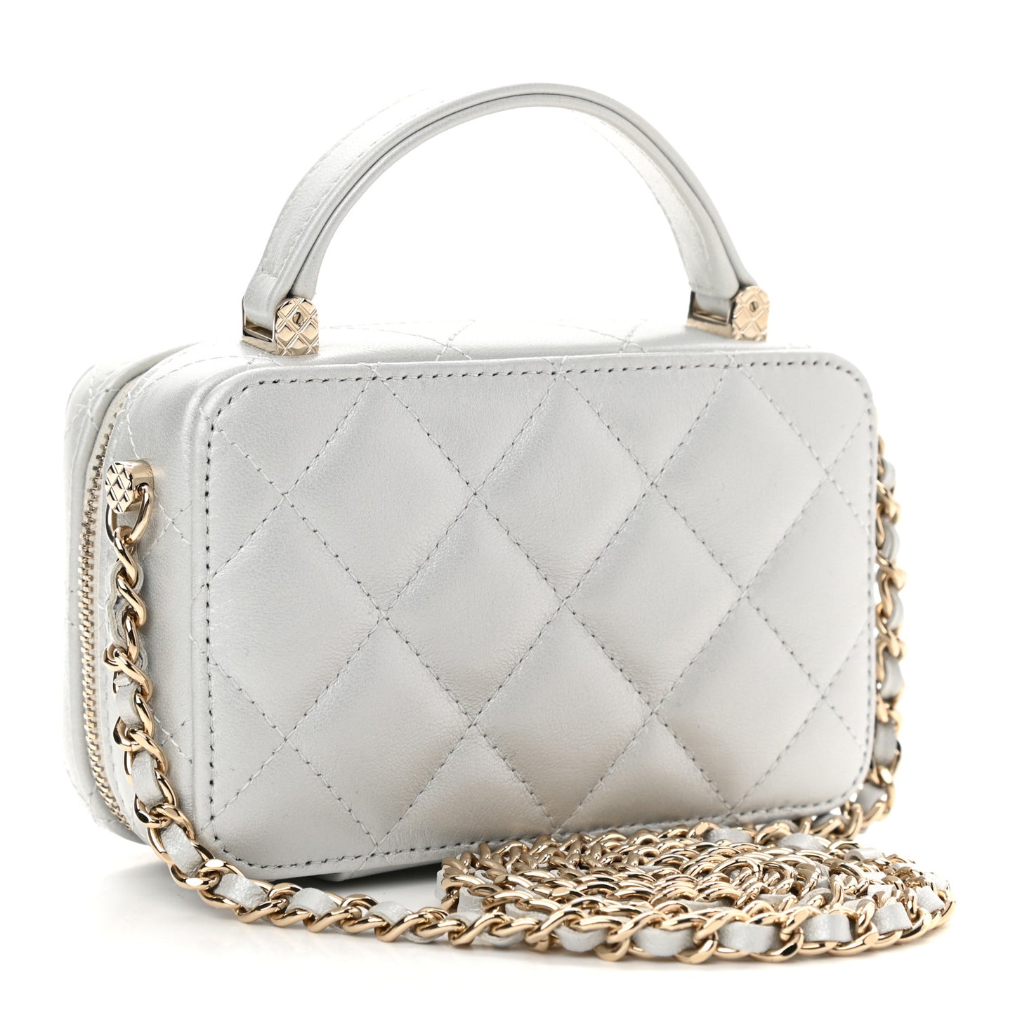 Metallic Lambskin Quilted Top Handle Vanity Case Silver